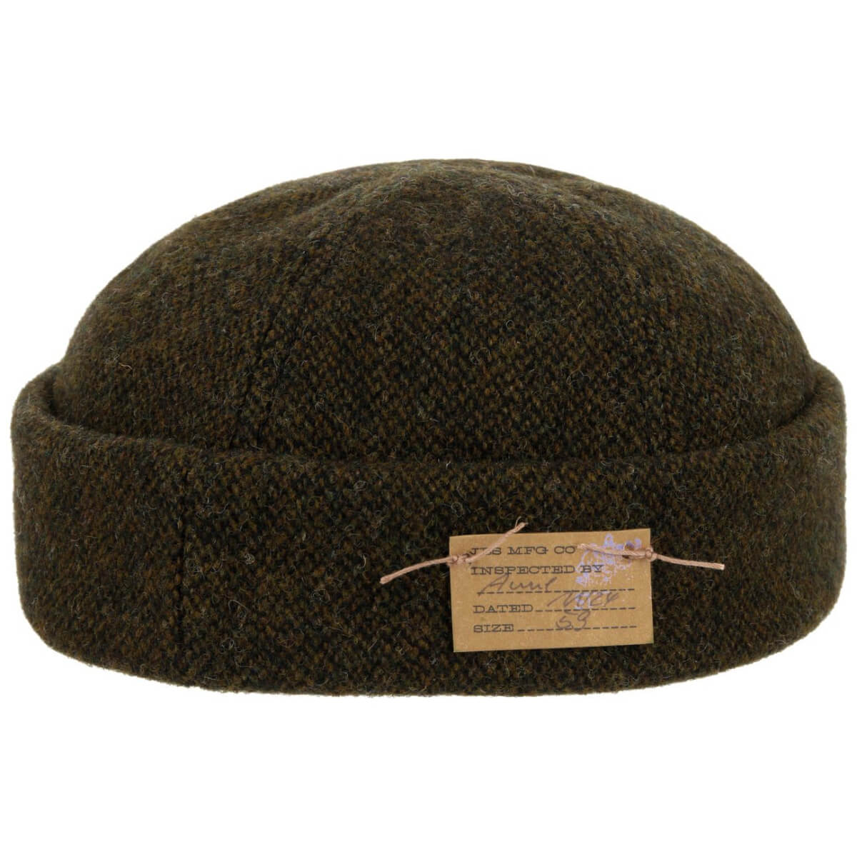 Brown knit beanie with a label on a white background