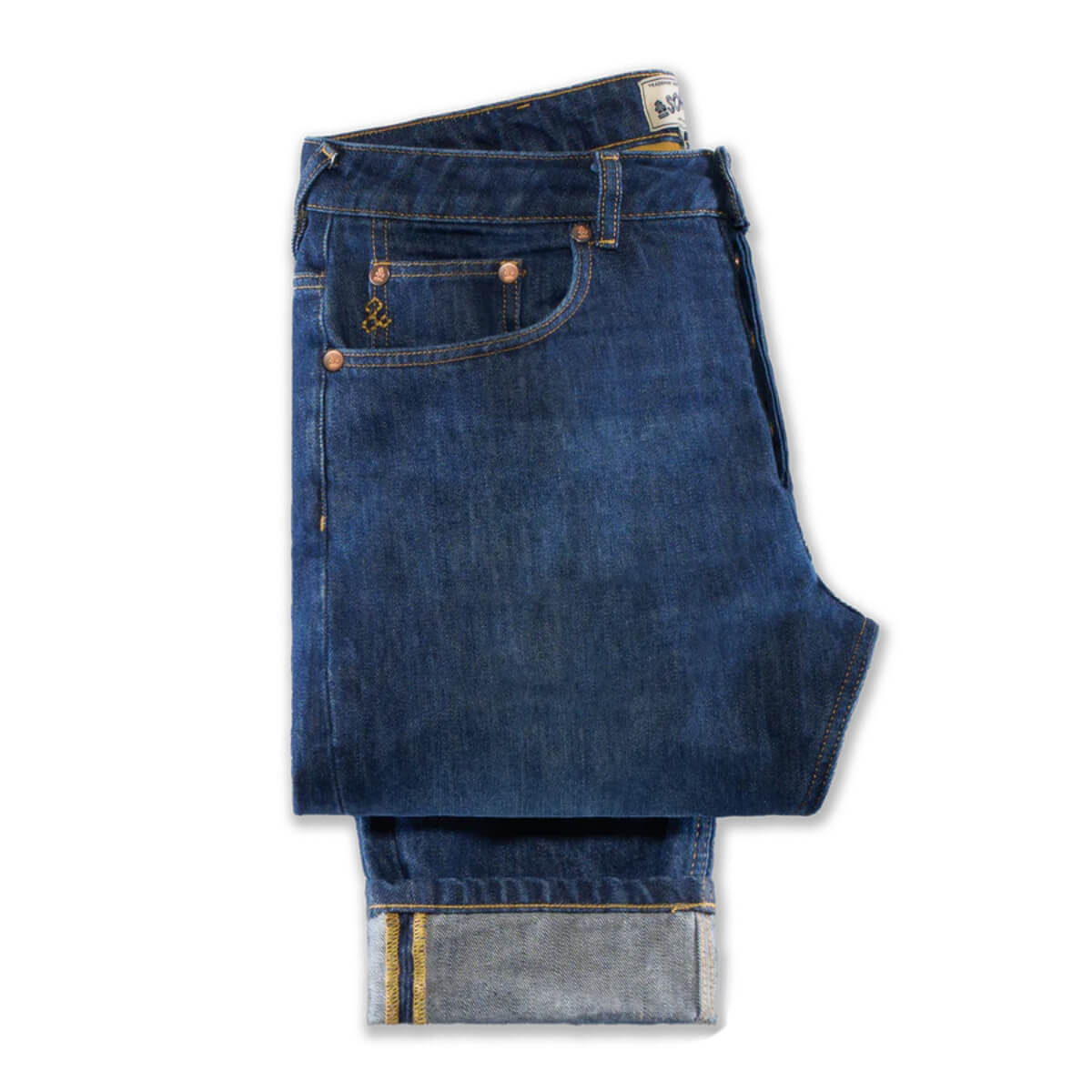 Folded pair of blue jeans on a white background