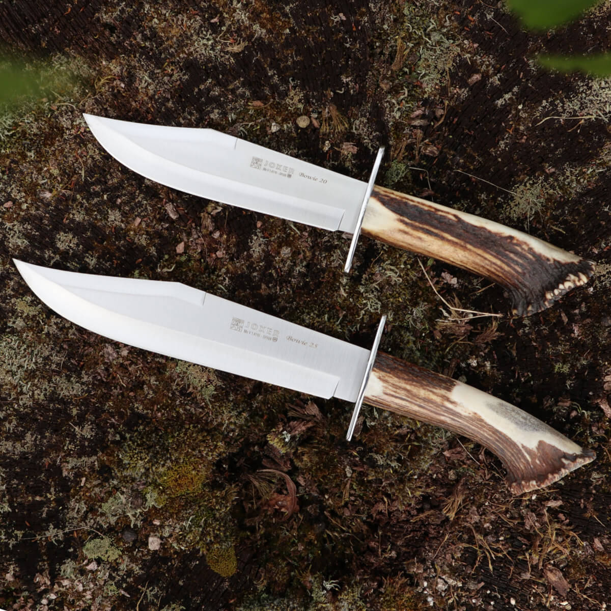 Joker Stag Antler Handle Large Bowie Knife 25cm and 20cm side by side