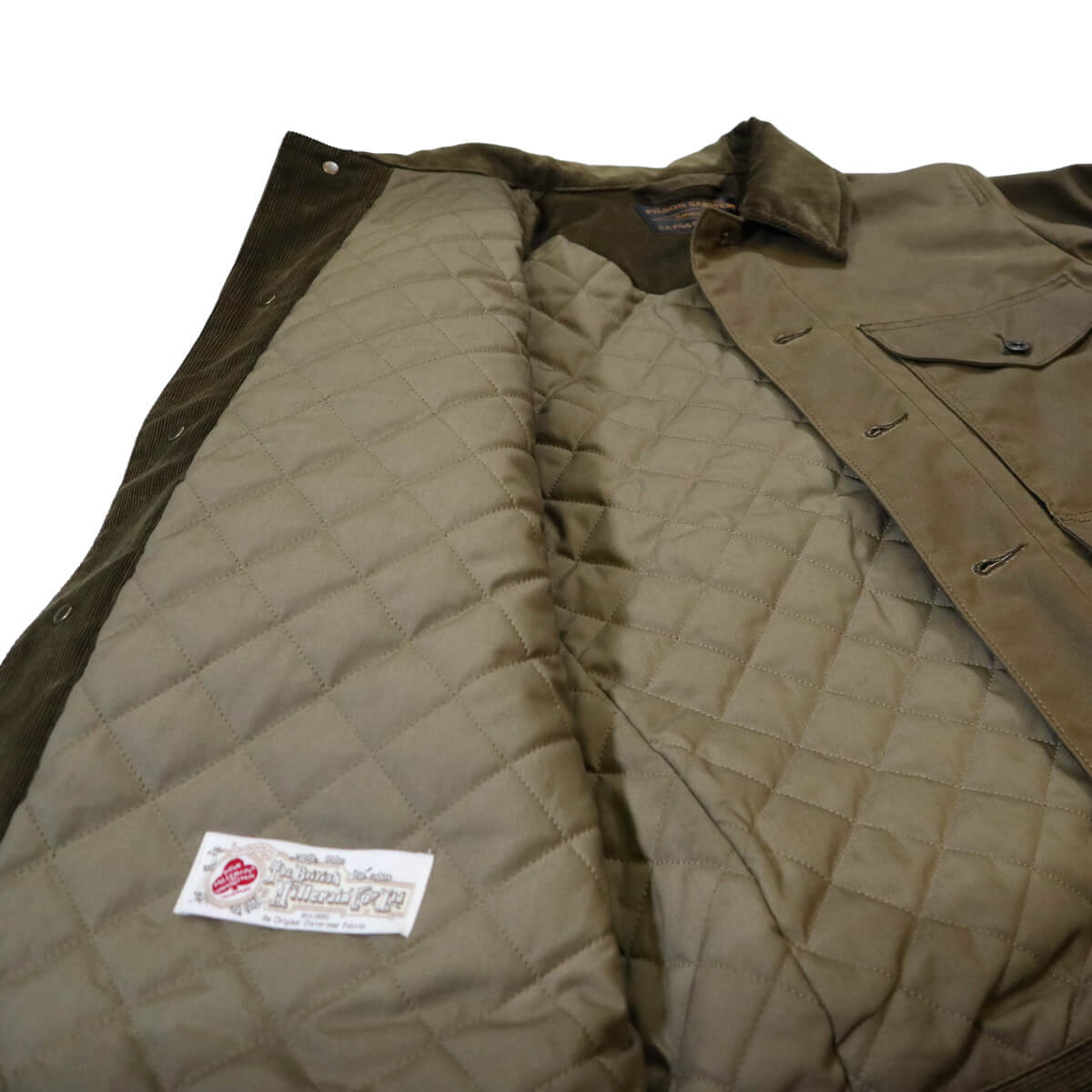 Brown quilted jacket with a visible brand label on a white background