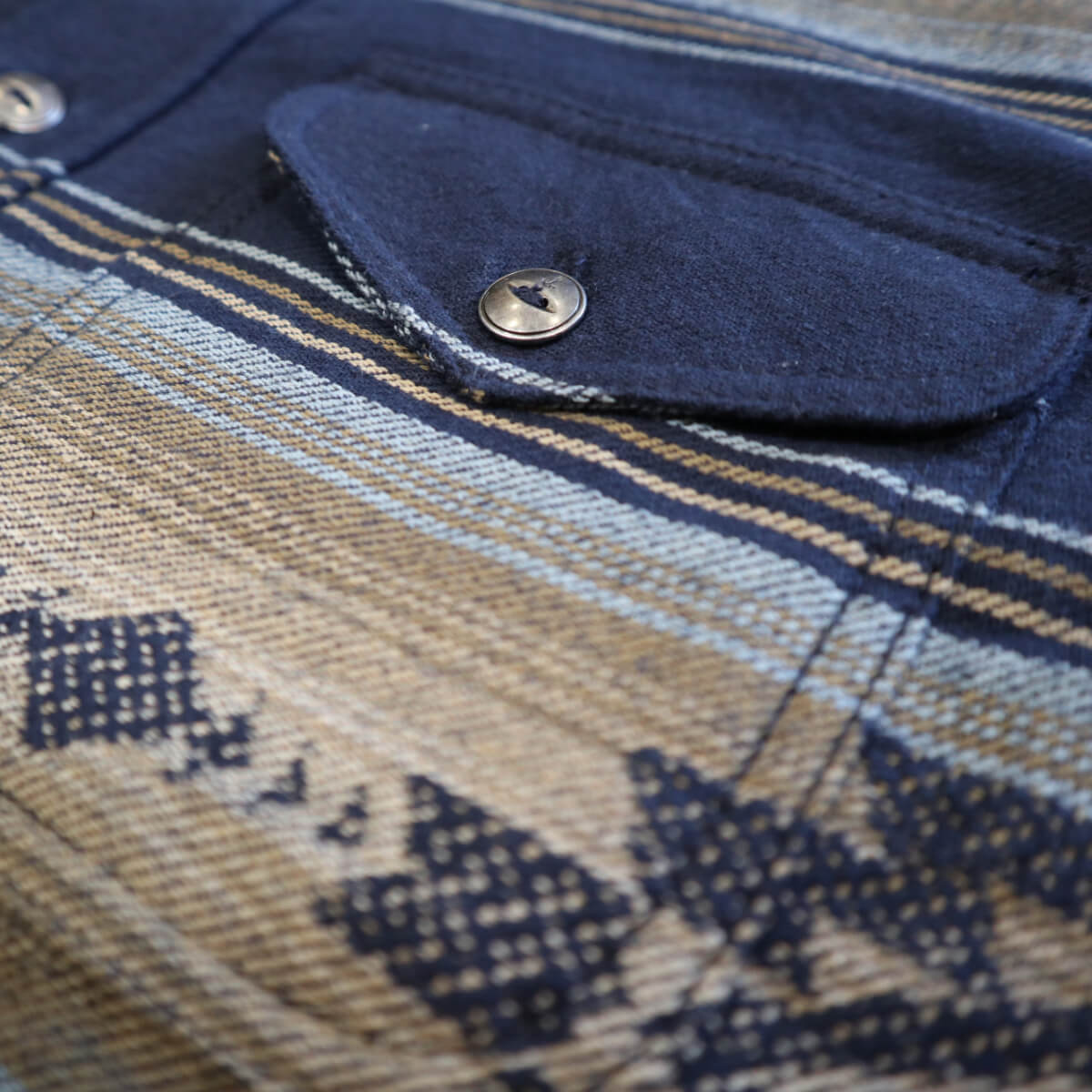 Close-up of a denim jacket with plaid pattern and button details