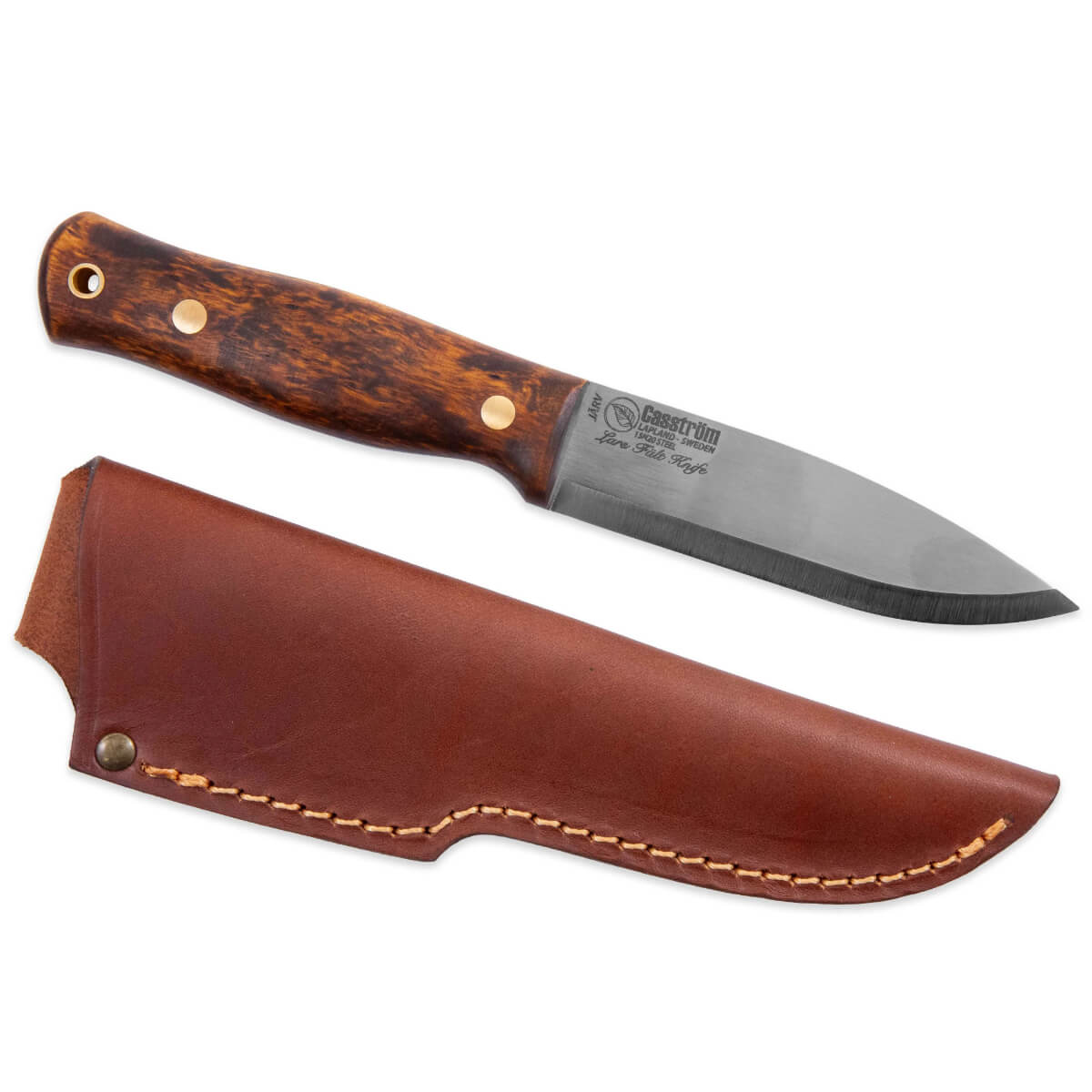 Knife with wooden handle and leather sheath on a white background