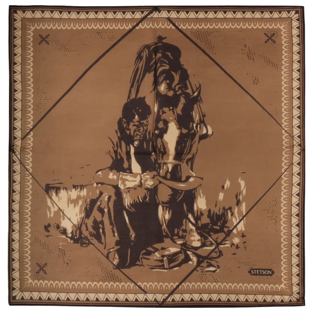 A square scarf featuring a vintage-style illustration of a cowboy riding a horse in sepia tones, framed by a geometric pattern border. The brand name 'STETSON' is printed in the bottom right corner.