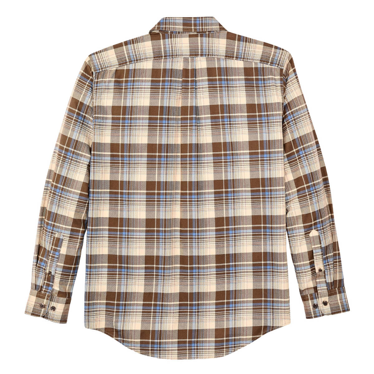 Plaid shirt with brown, blue, and beige pattern on a white background
