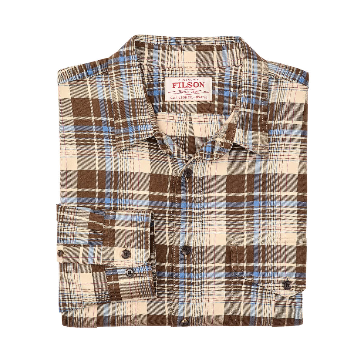 Plaid shirt with visible Filson logo on a white background