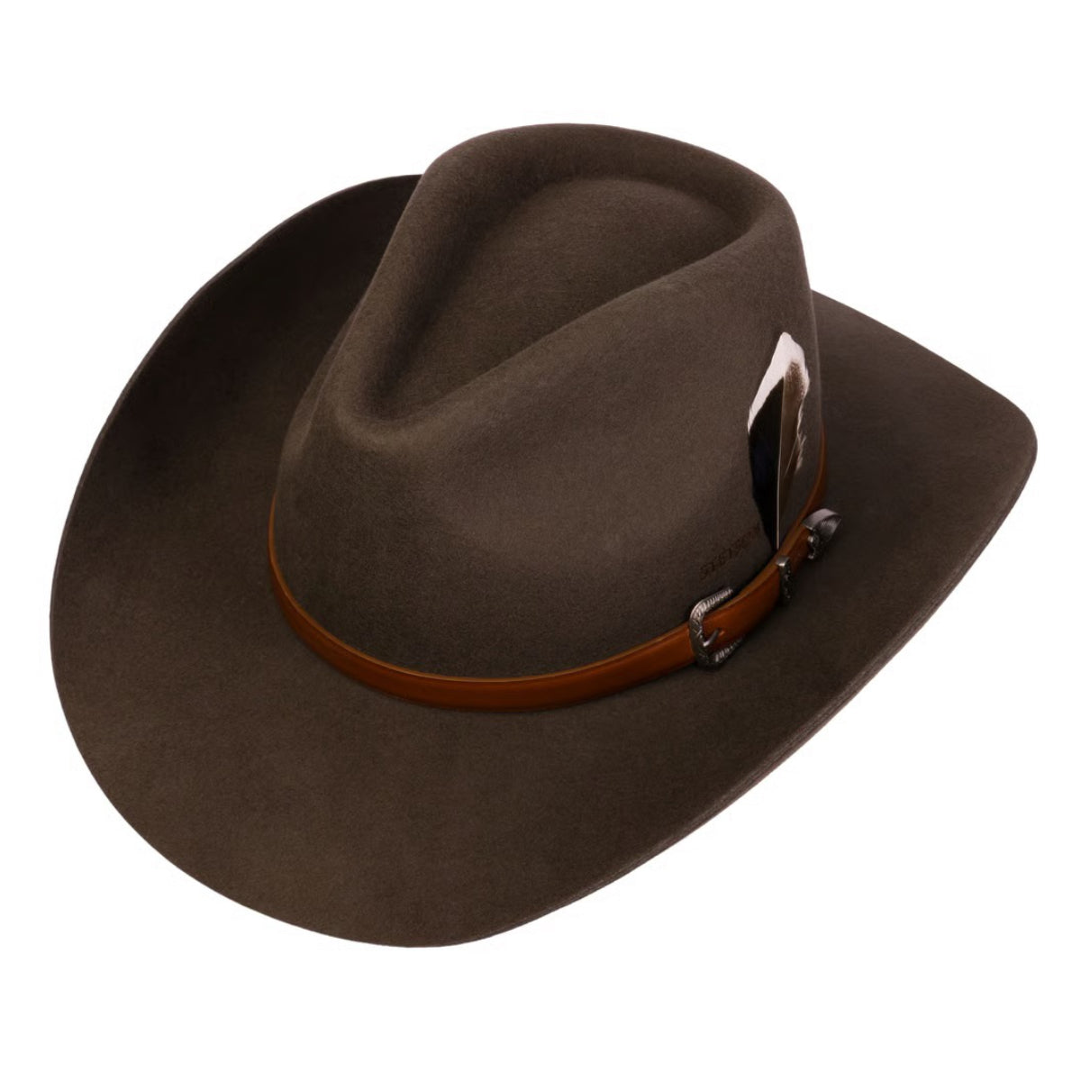 A dark brown Stetson Limington Western Wool Hat with a brown leather band and silver buckle, shown on a plain white background.