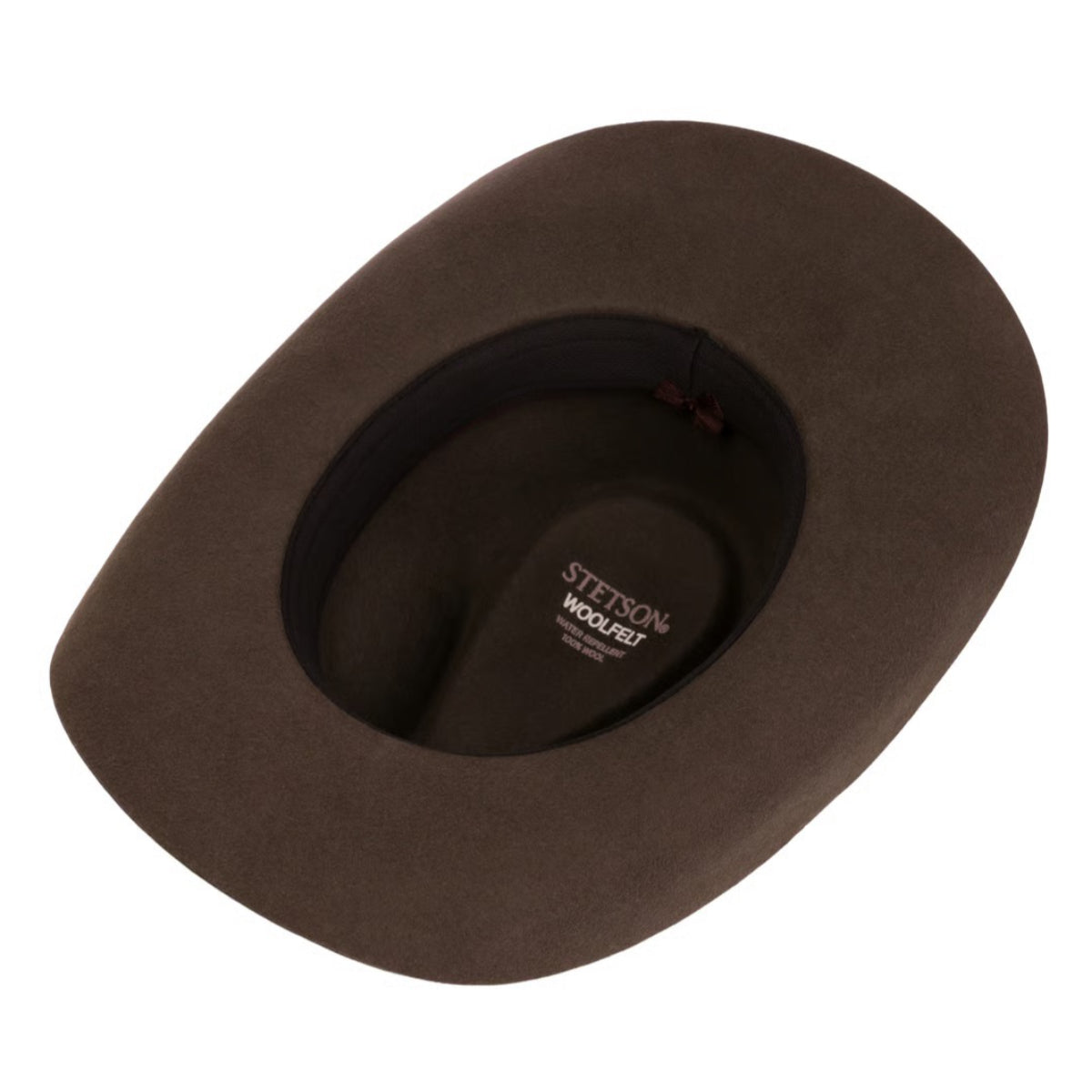 A dark brown Stetson Limington Western Wool Hat shown from an overhead angle, with the interior lining and a visible 'STETSON' logo printed on the crown, set against a plain white background.