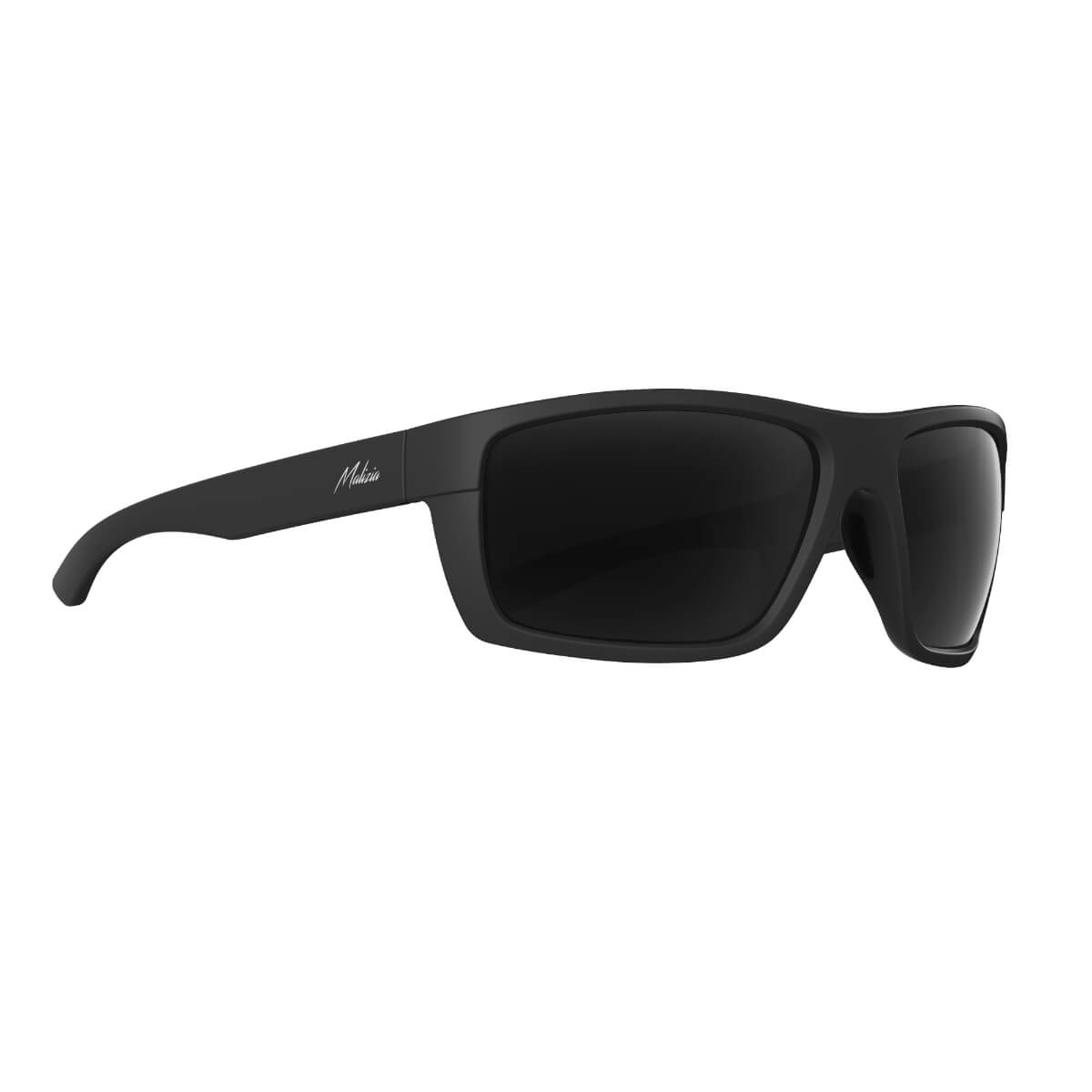 Black sunglasses with a brand logo on a white background