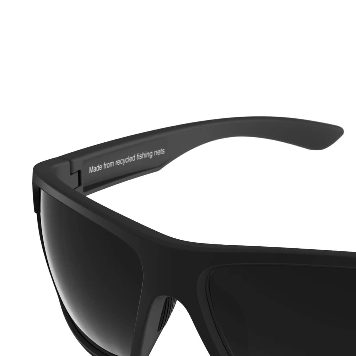 Black sunglasses with a visible brand logo on a white background