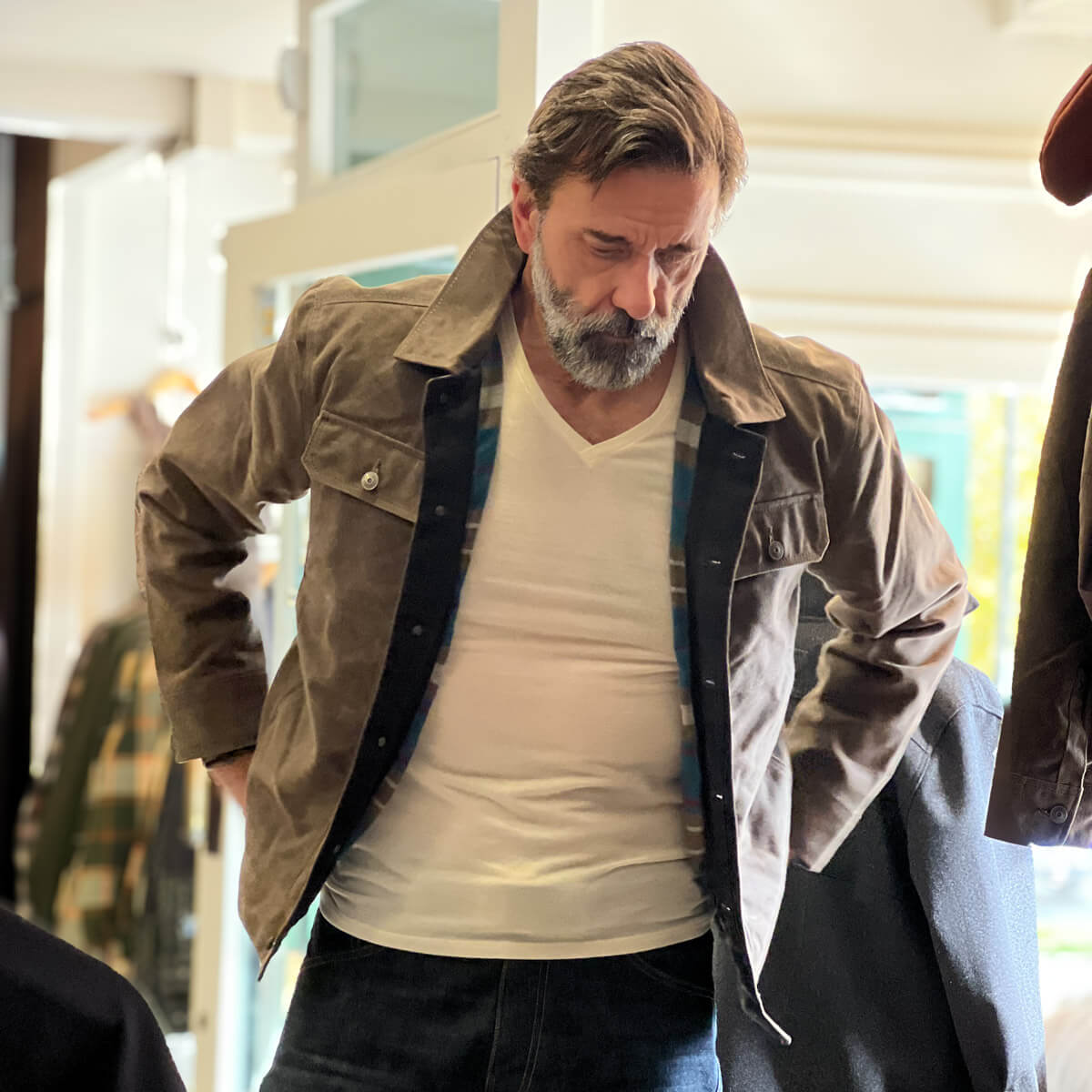 Man mechanic waxed jacket