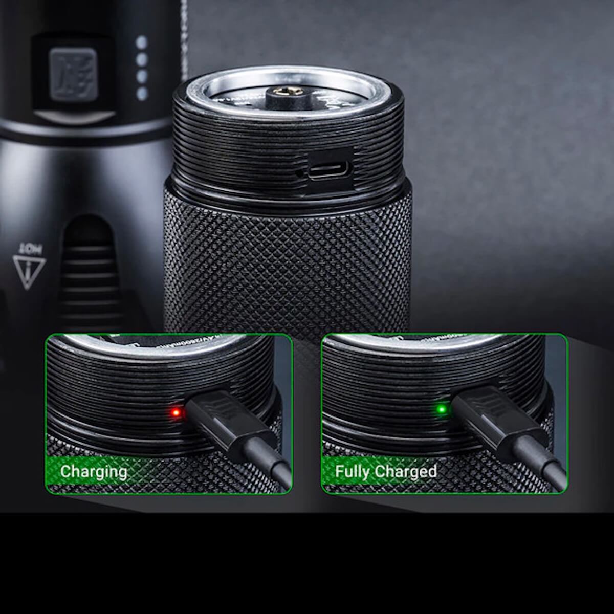Black cylindrical device with charging indicator lights on a dark background