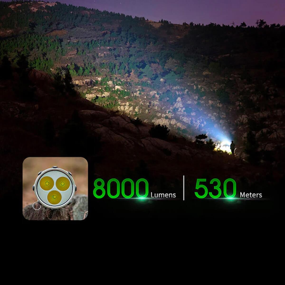 Hiking flashlight illuminating a mountainous landscape with 8000 lumens and 530 meters range displayed.
