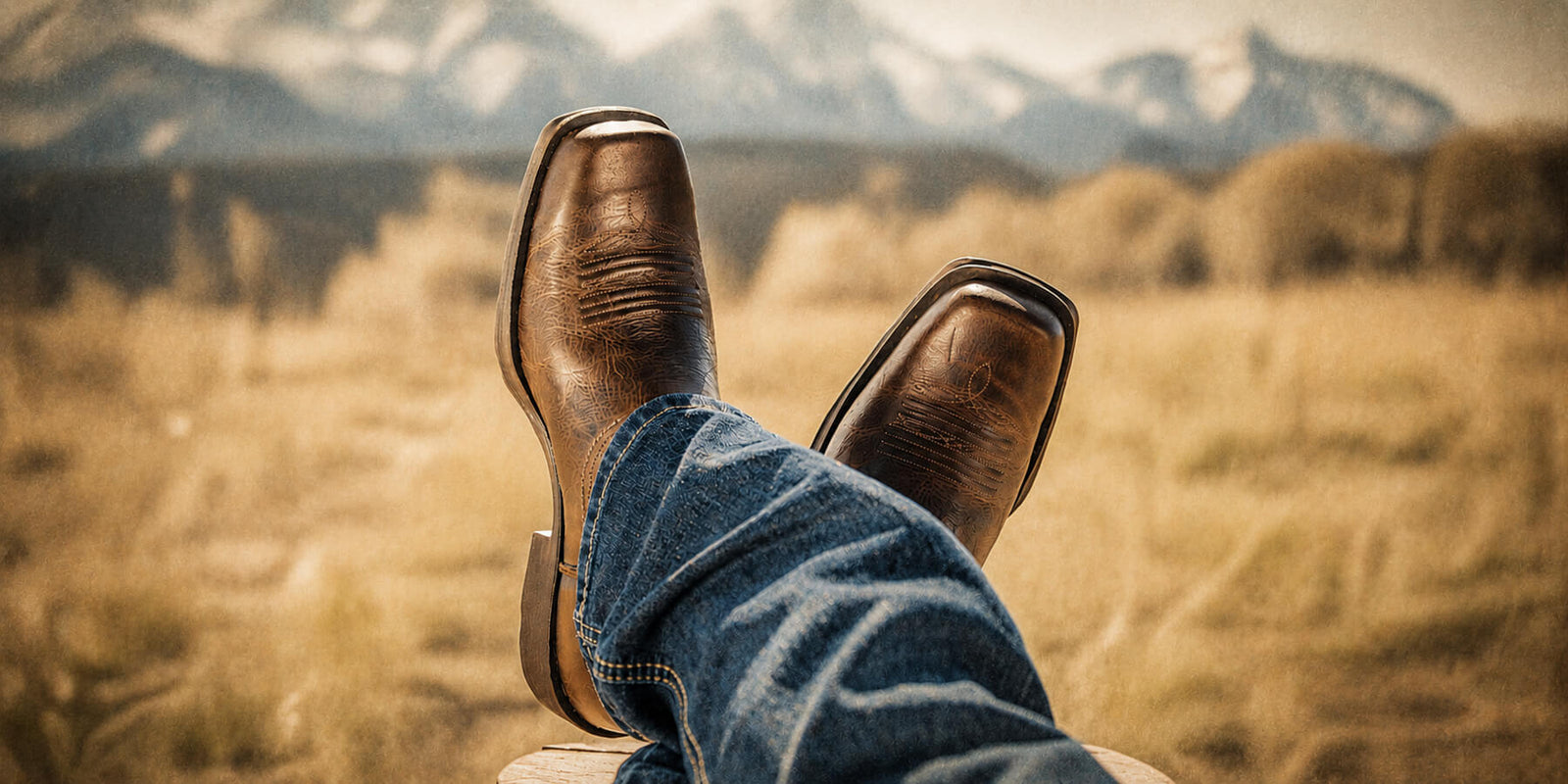 Brown cowboy boots and jeans with a scenic background of mountains and open field.