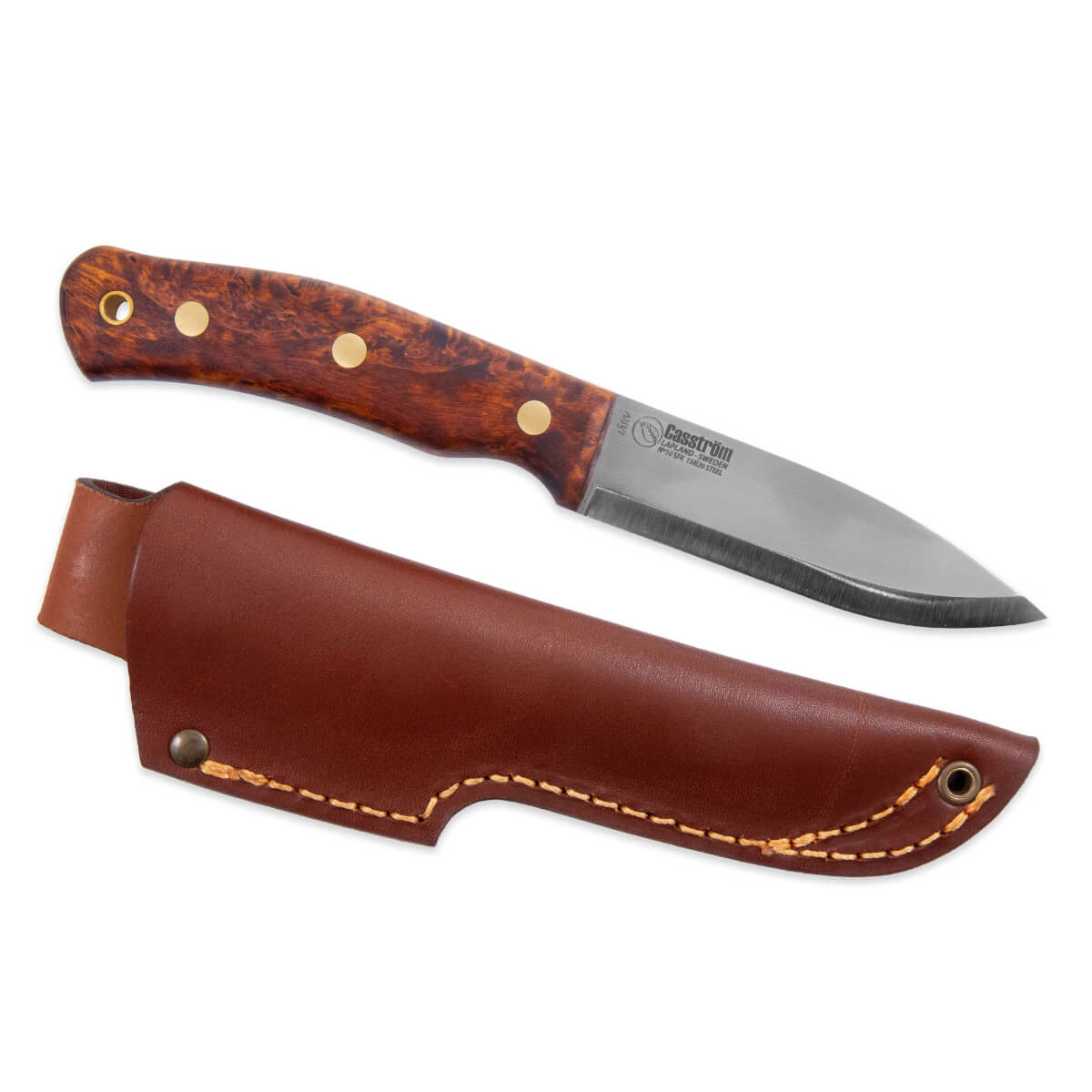 Knife with wooden handle and leather sheath on a white background