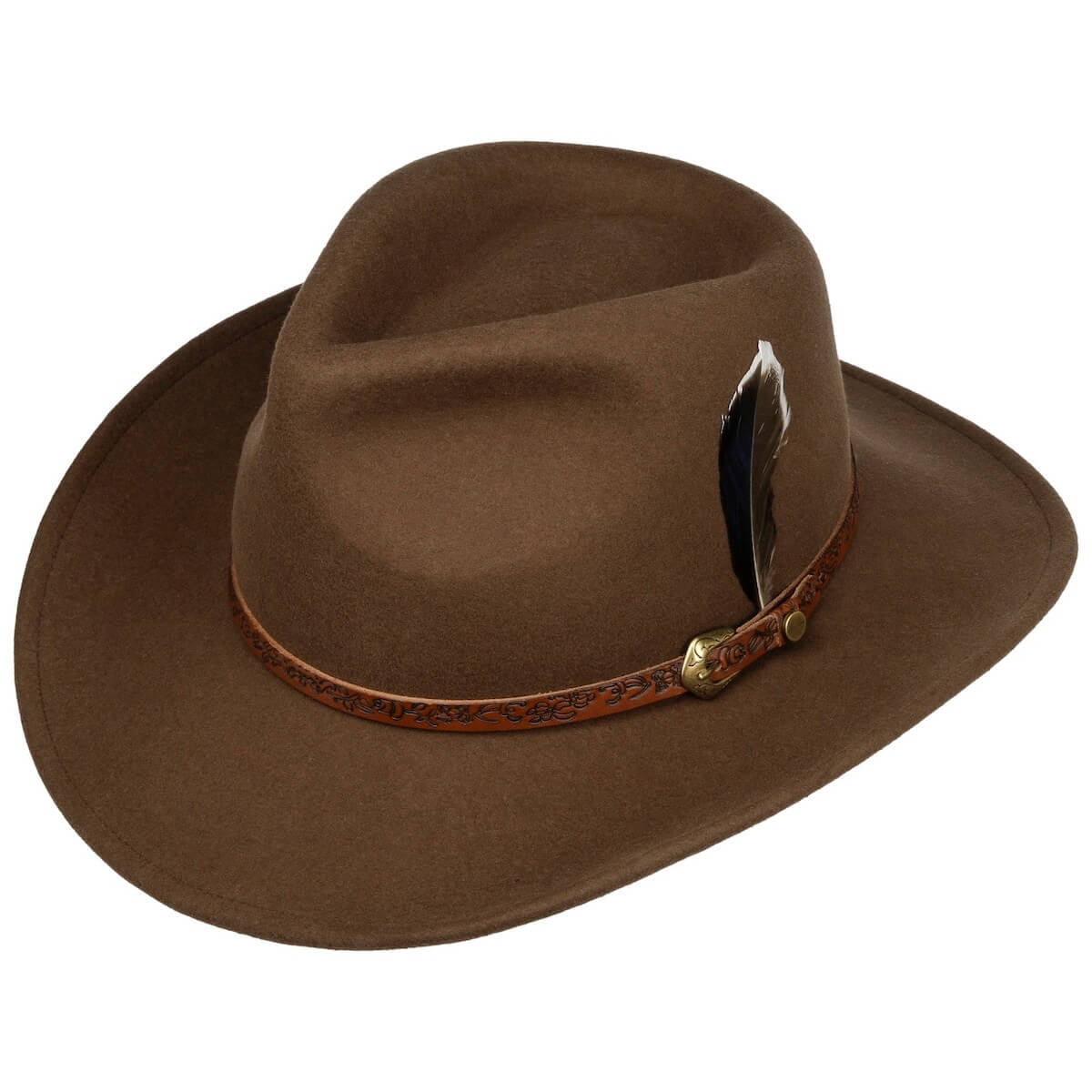 Brown cowboy hat with a feather and leather band on a white background