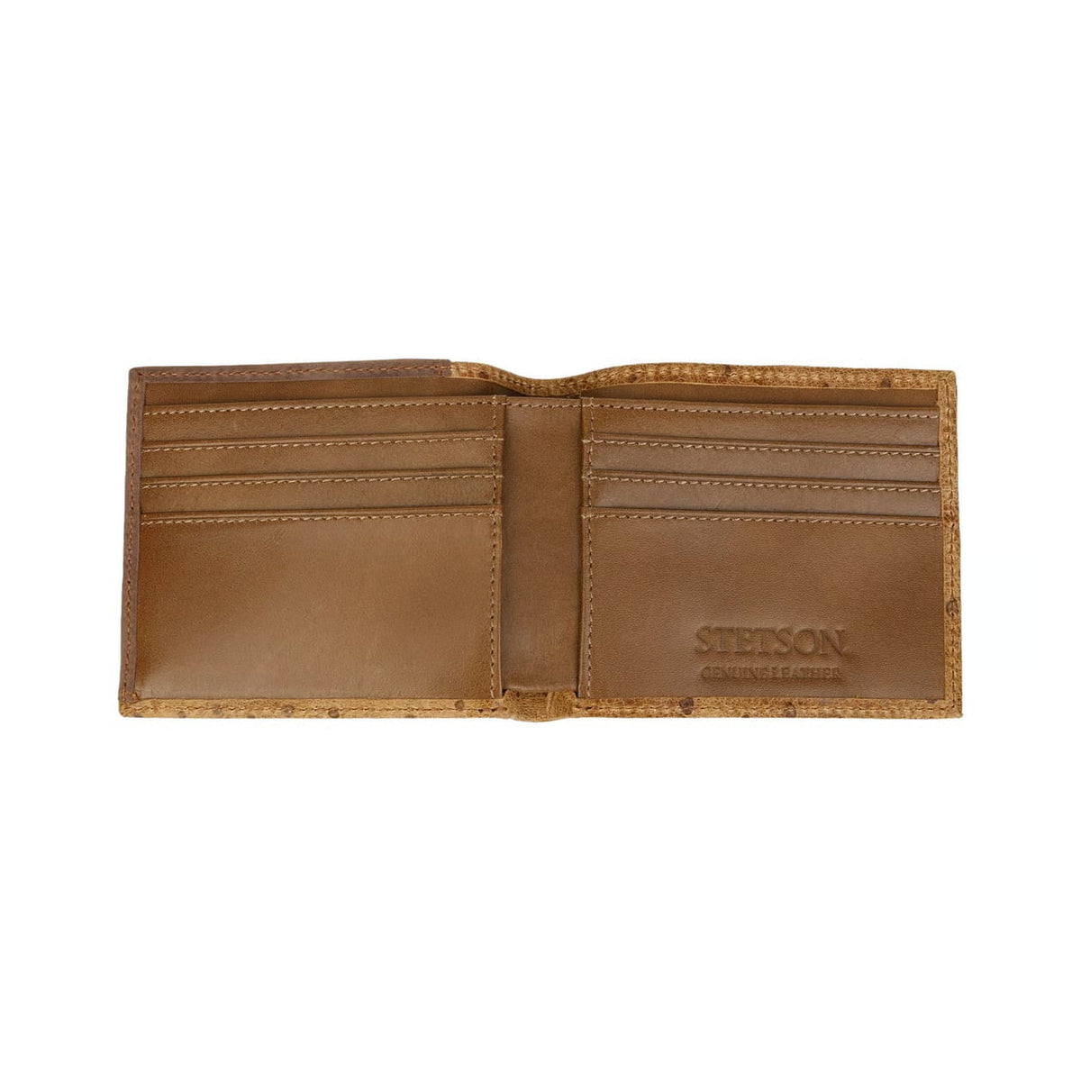 Brown leather wallet with 'Stetson' branding on a white background
