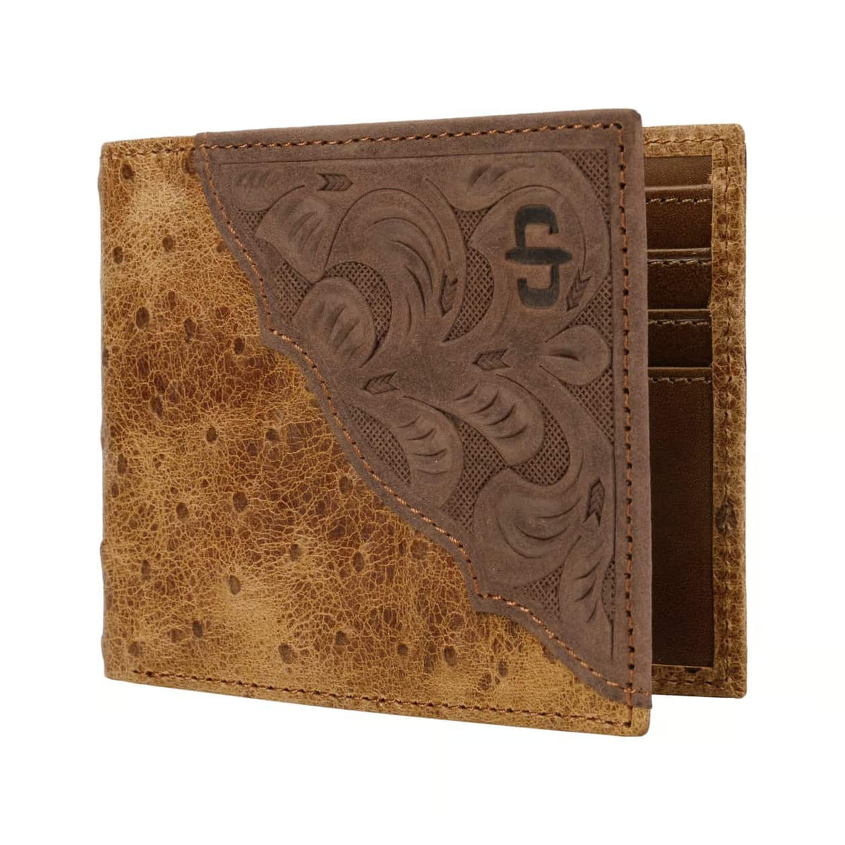 Brown leather wallet with intricate design on a white background