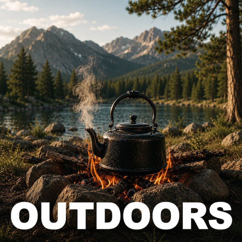 Petromax tea kettle on a campfire with mountains and lake in the background