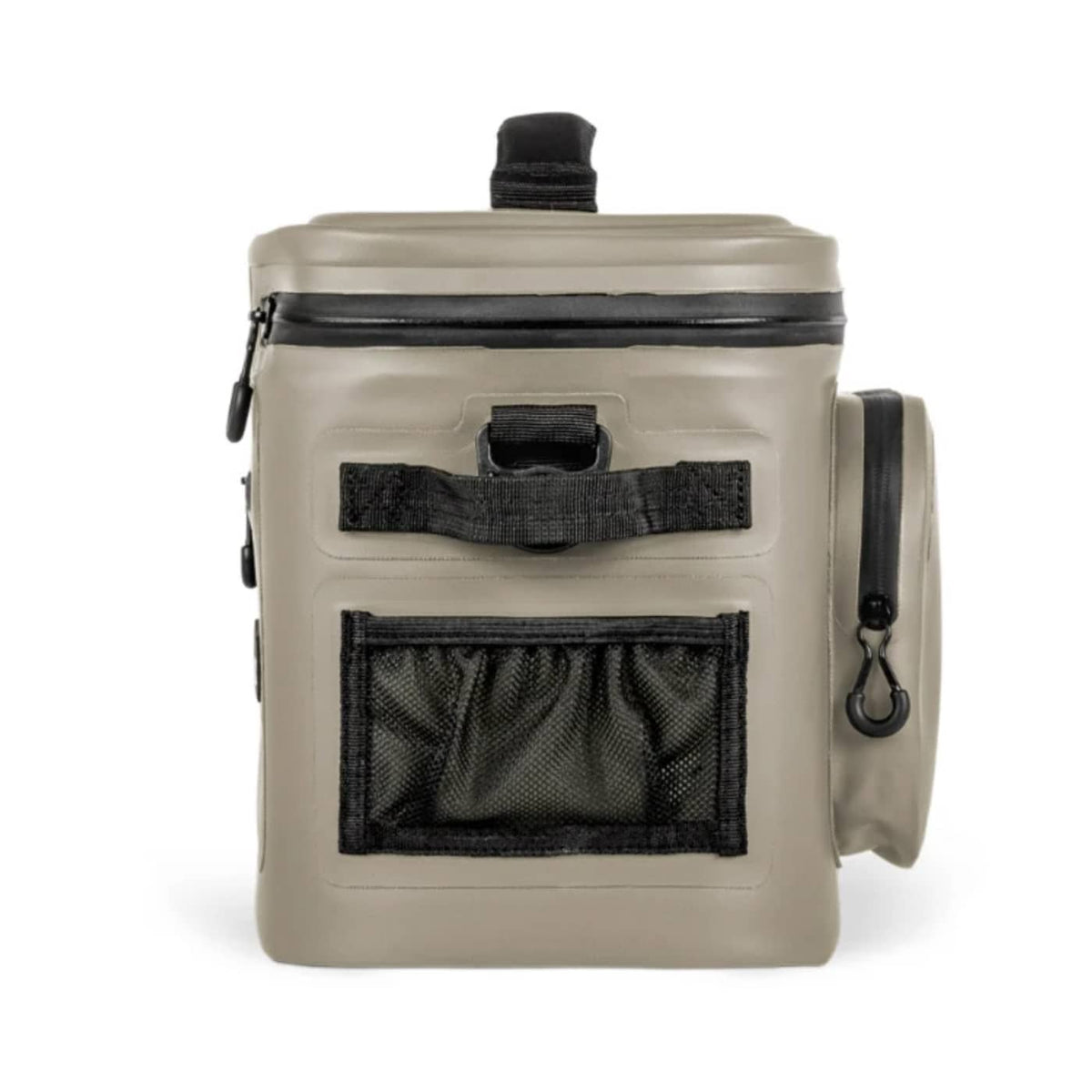 A beige waterproof cooler bag with black accents, including a top handle, zipper trim, front mesh pocket, and side attachment strap, shown on a white background.