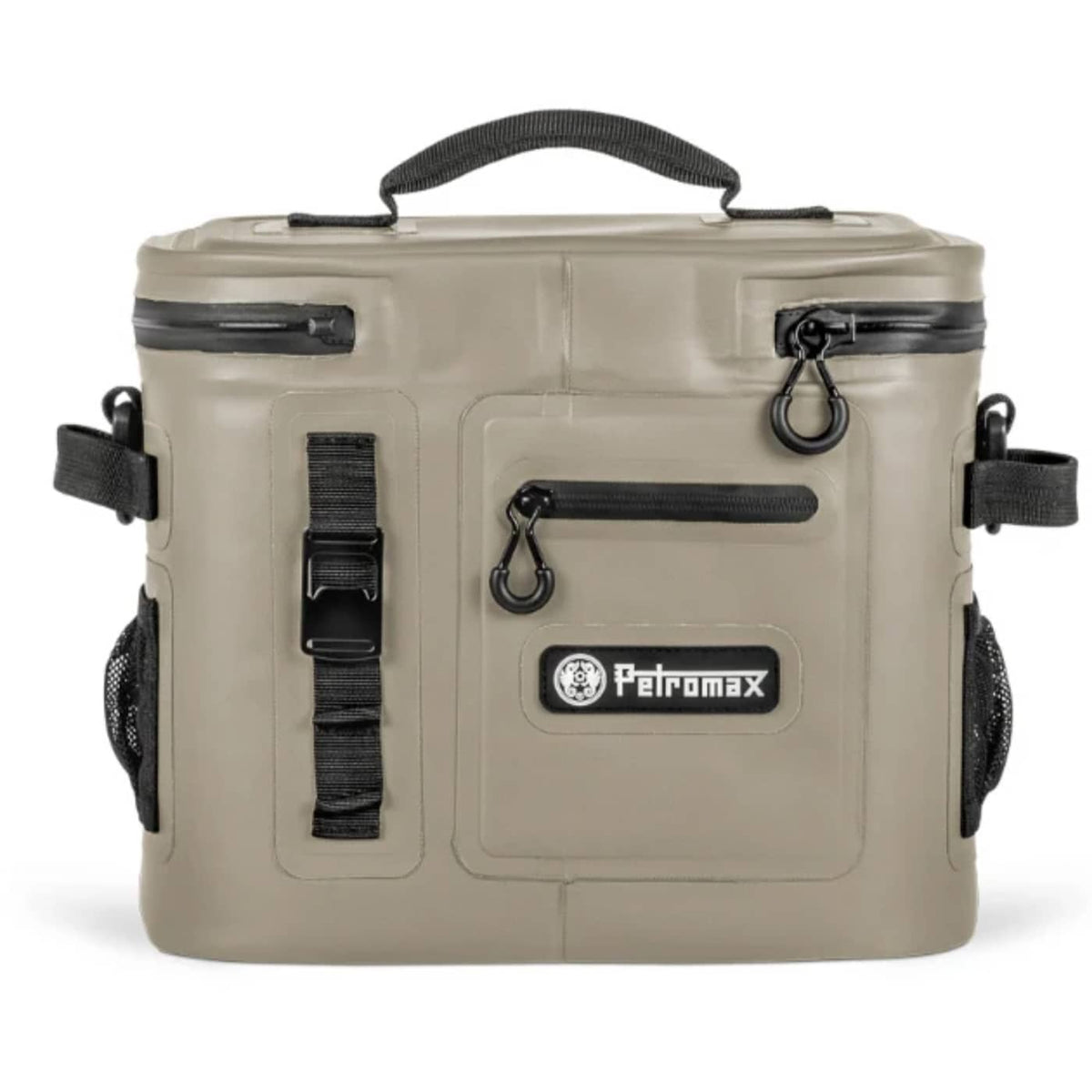 A beige Peltomax cooler bag with black straps, zippers, and a top handle, shown against a plain white background.