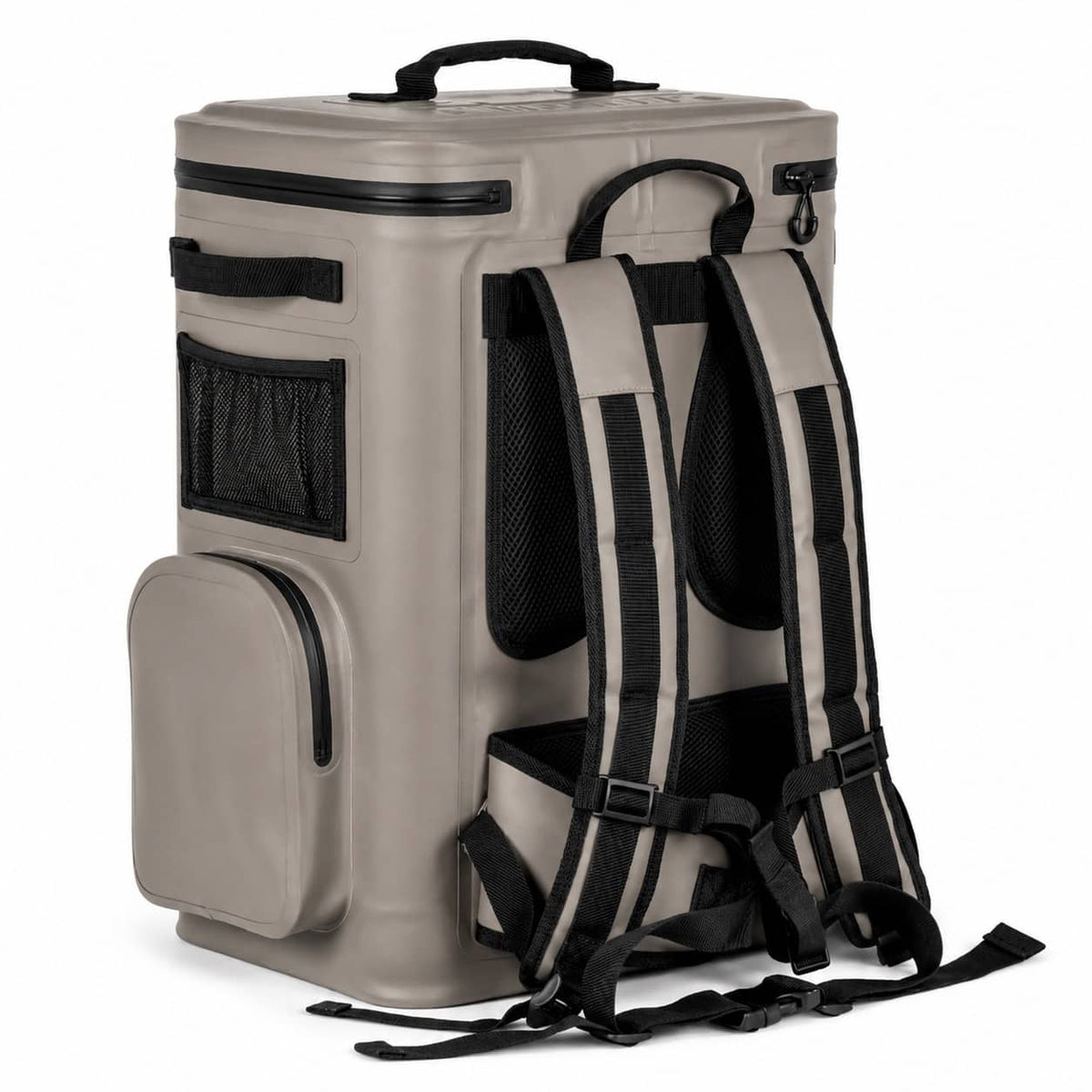 A beige and black convertible cooler backpack shown from the back, featuring padded shoulder straps, mesh pockets, and a top carry handle on a white background.