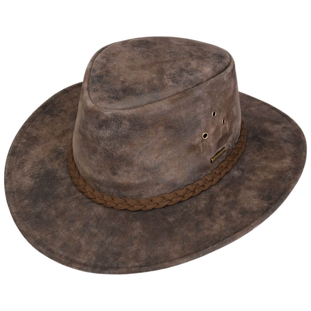 Brown leather hat with braided band on a white background