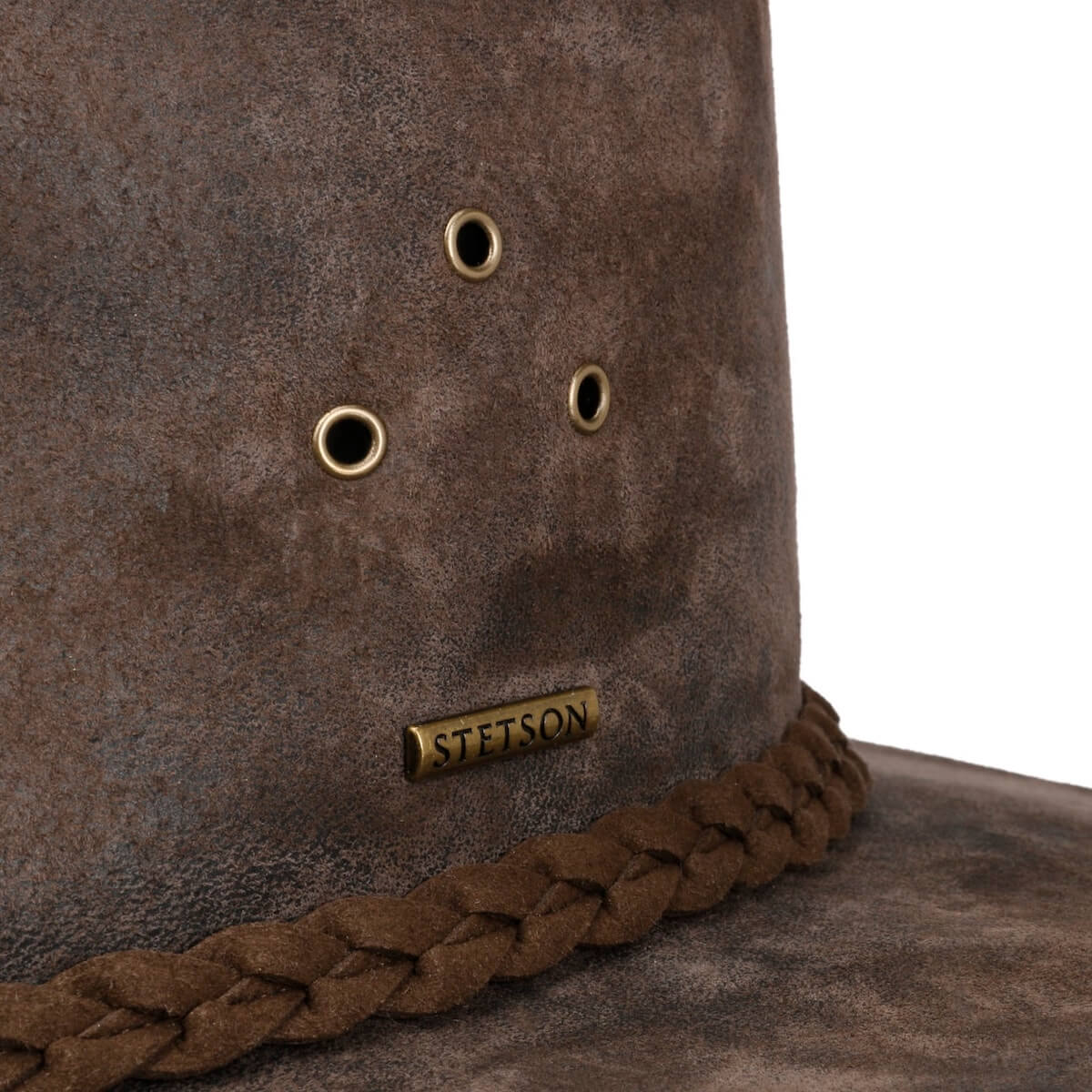 Brown suede hat with braided band and Stetson logo on a white background