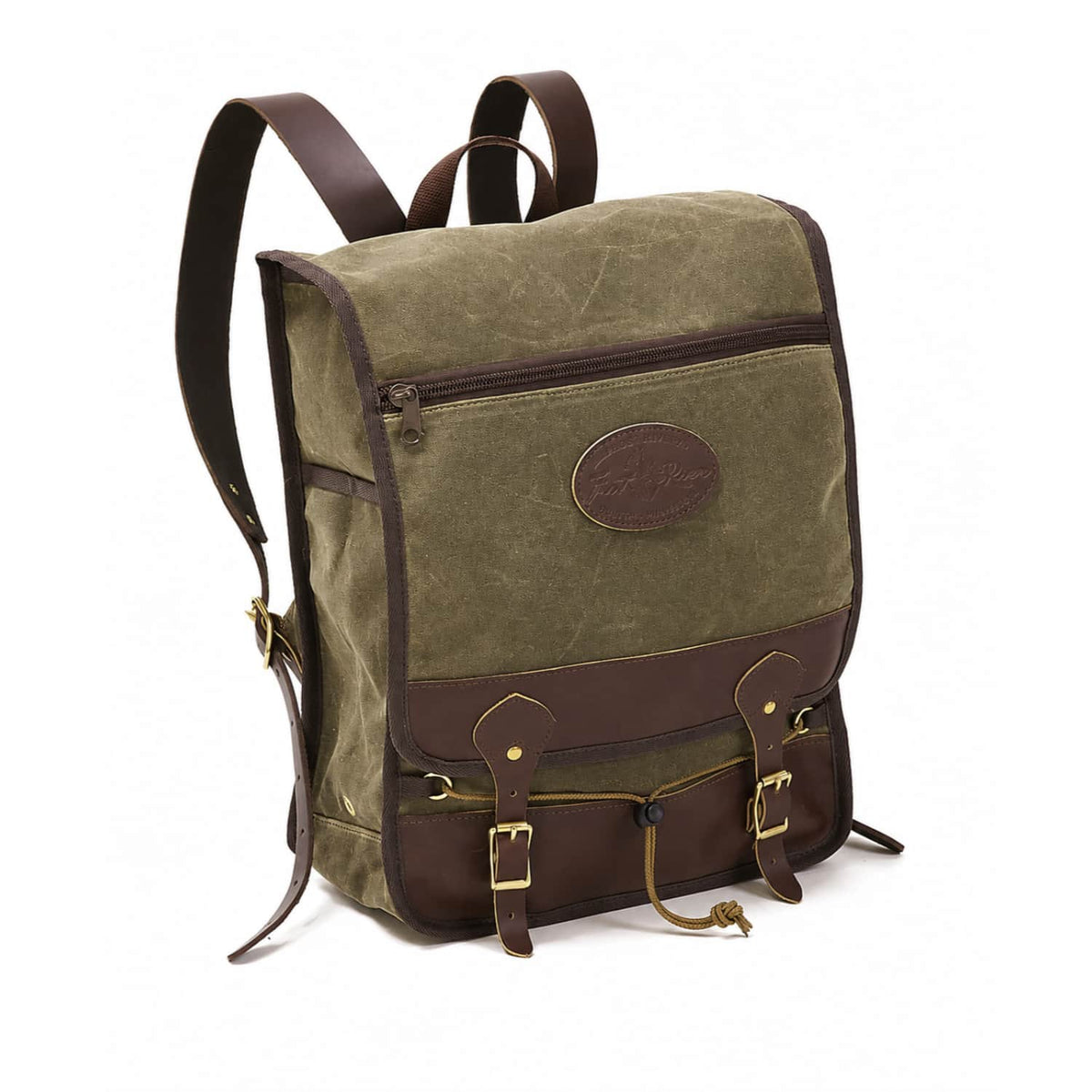 A classic Frost River backpack in olive green waxed canvas and dark brown leather, featuring brass hardware and a zippered top pocket, shown on a white background.