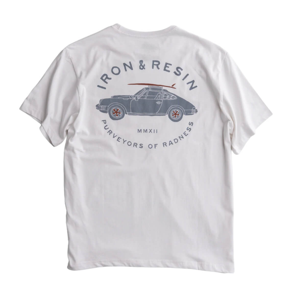 White t-shirt with car graphic and text on a white background