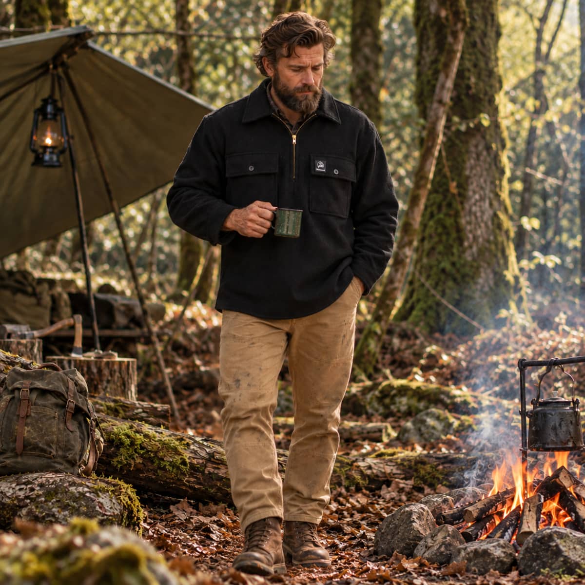 A man stands in a forest campsite wearing a black zip-front fleece jacket and tan pants, holding a green mug near a small campfire. A canvas tent, lantern, and outdoor gear are visible in the background.