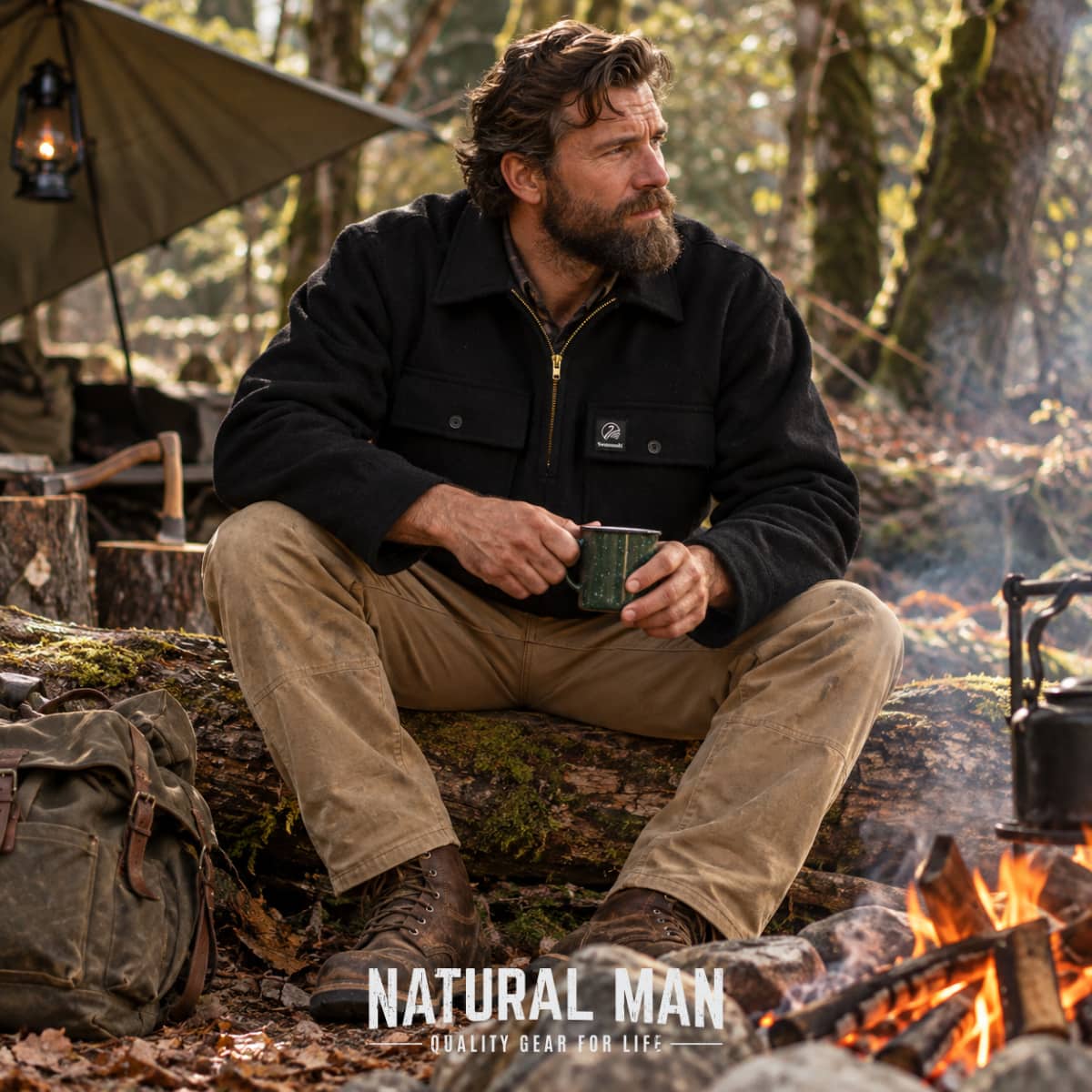 A bearded man sits outdoors by a campfire wearing a black zip-front jacket and tan pants, holding a mug. A canvas tent, lantern, and camp gear are visible in a forest setting.