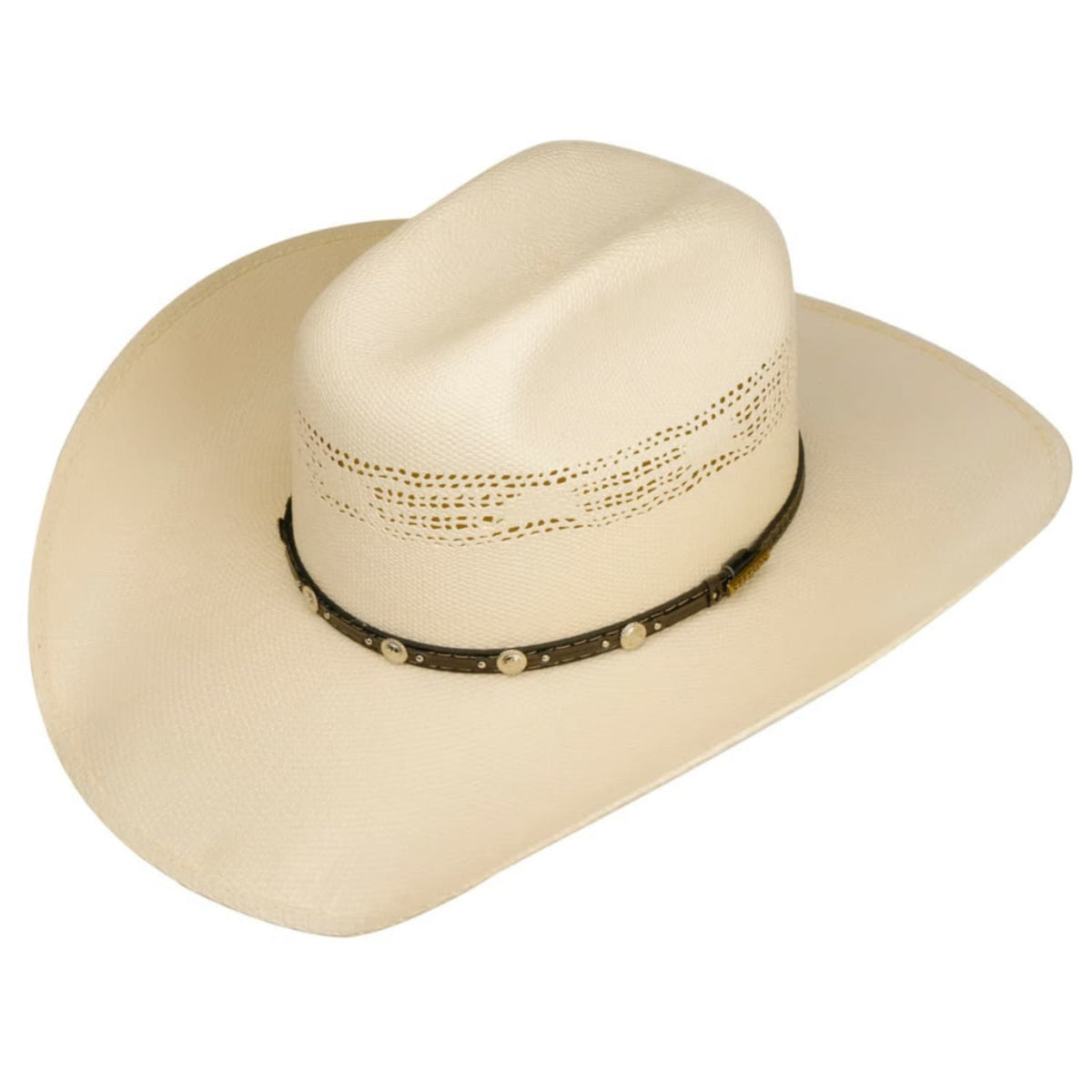 Beige Stetson cowboy hat with decorative band on a white background