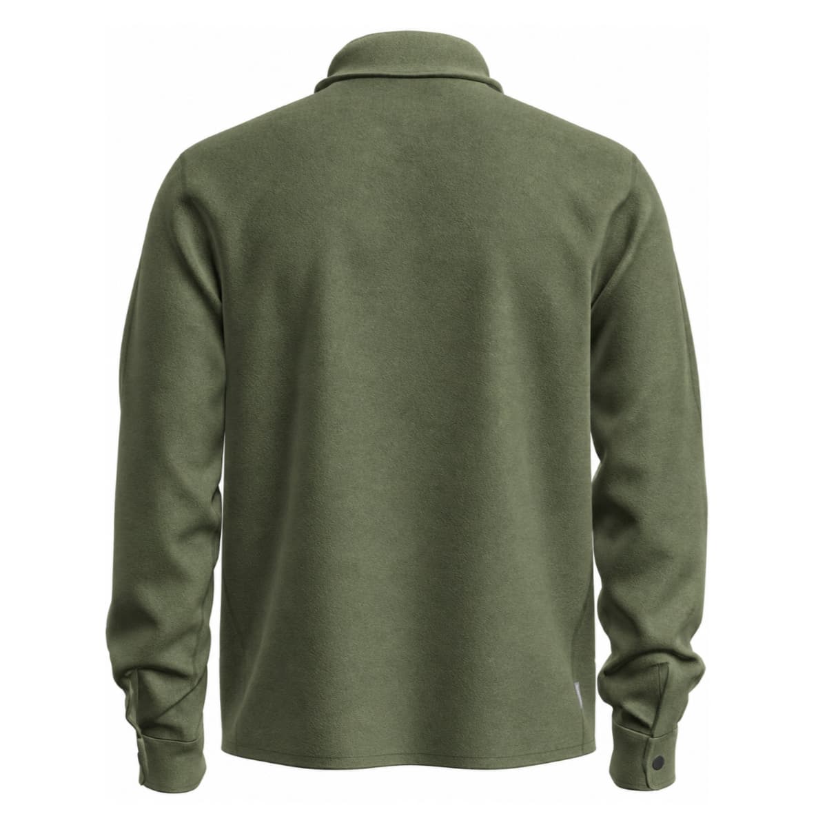 An olive green Icebreaker merino wool shacket shown from the back, featuring a collar and buttoned cuffs, displayed on a clean white background.