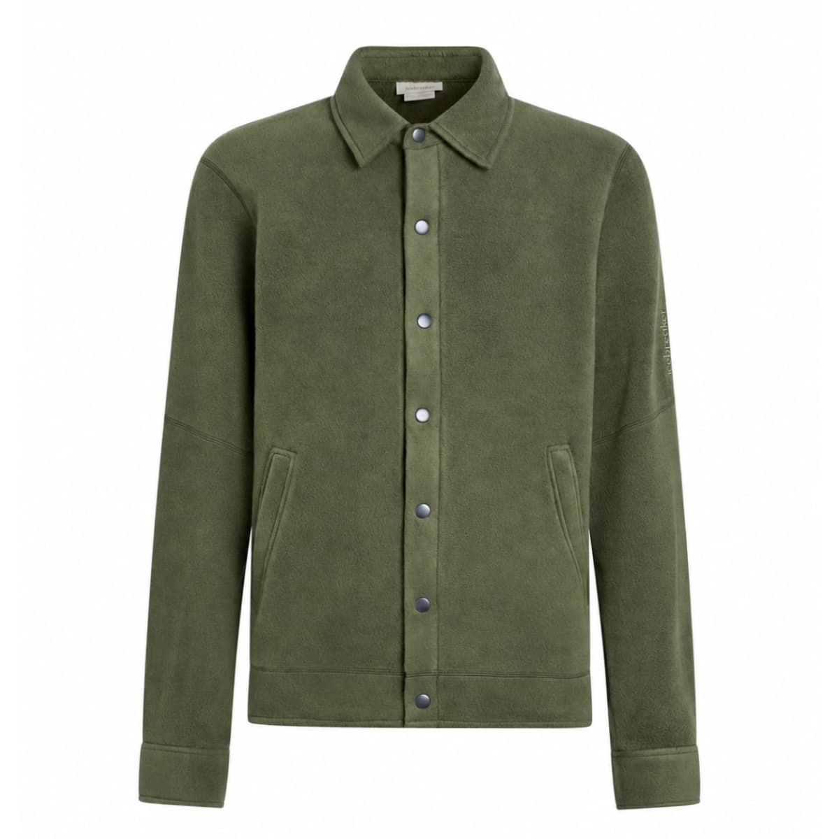 An olive green Icebreaker merino wool shacket with a button-up front, pointed collar, and two front pockets, shown against a plain white background.