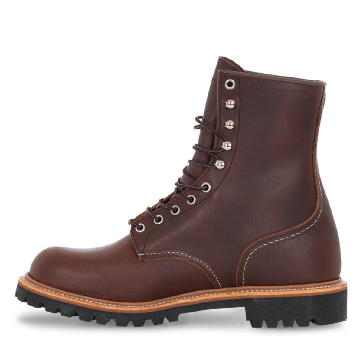Brown leather boot with black sole on a white background