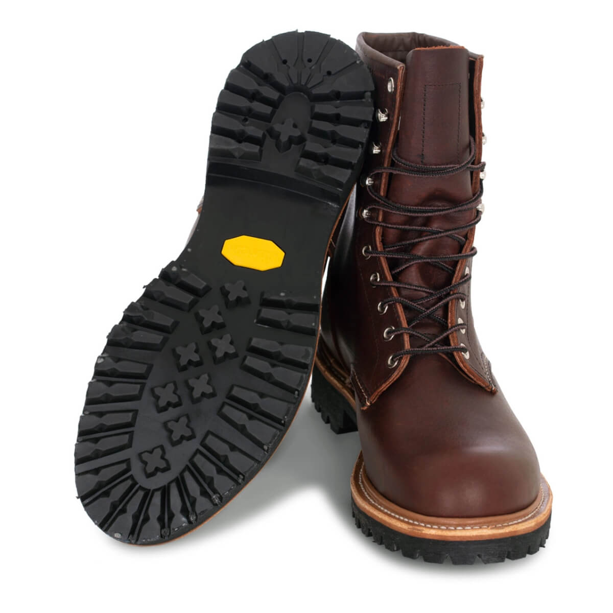 Brown leather boot with black sole on a white background