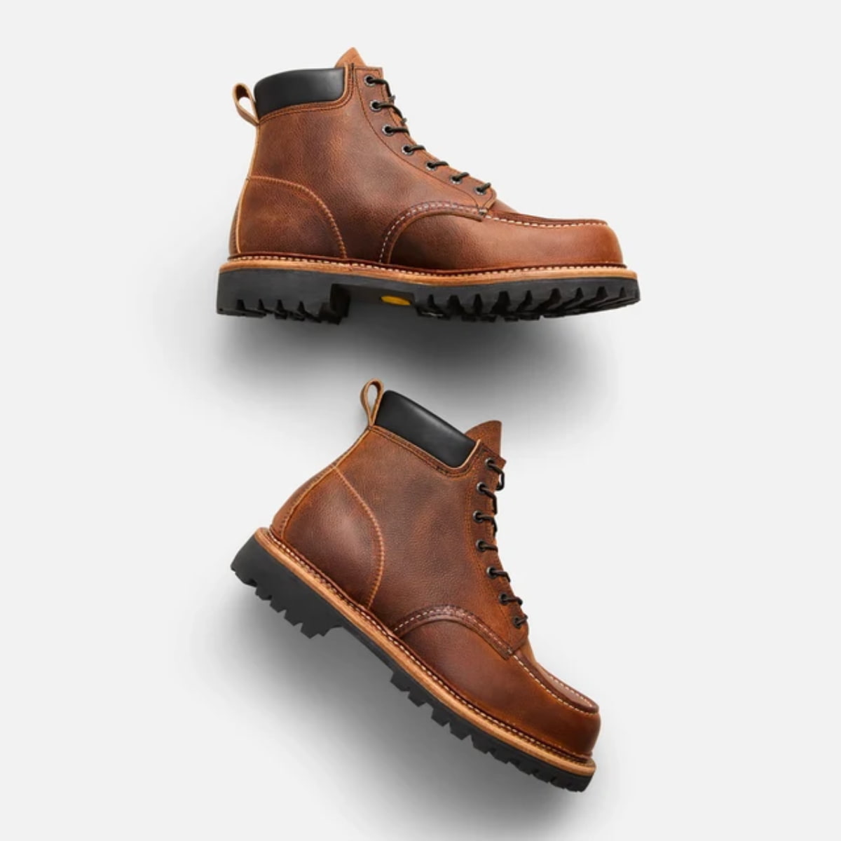 Red Wing Norway Moc Toe Boot 8213 - Copper Rough and Tough boots with black soles and black ankle collar lining, shown from different angles on a light gray background.