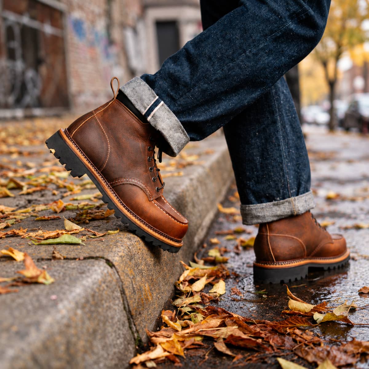 A person wearing Red Wing Norway Moc Toe 8213 - Copper Rough and Tough boots and dark blue jeans with cuffed hems, standing on a wet city sidewalk scattered with autumn leaves.