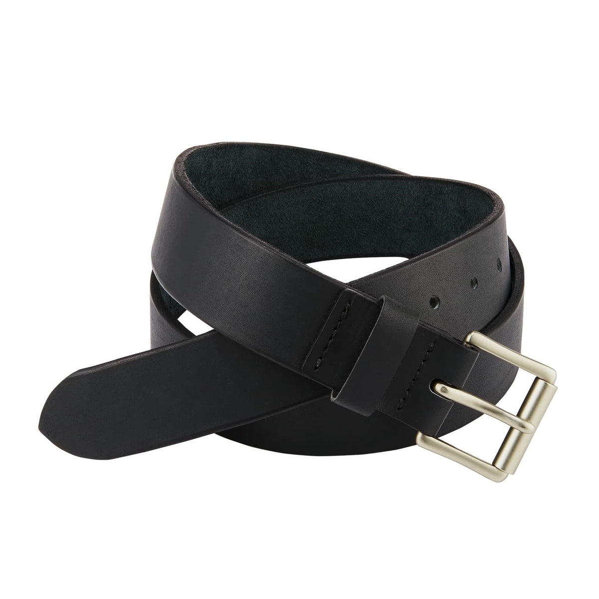 A Red Wing black leather belt with a polished gold-tone metal buckle, neatly coiled on a light gray background.