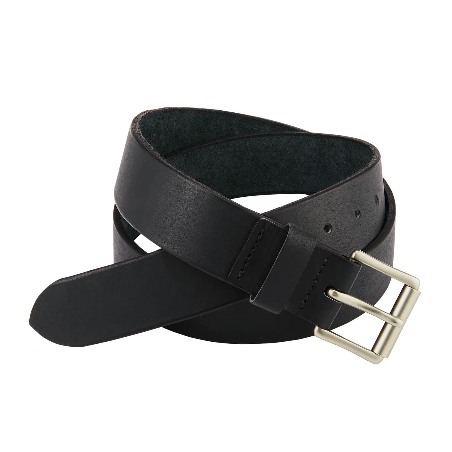A Red Wing black leather belt with a polished gold-tone metal buckle, neatly coiled on a light gray background.