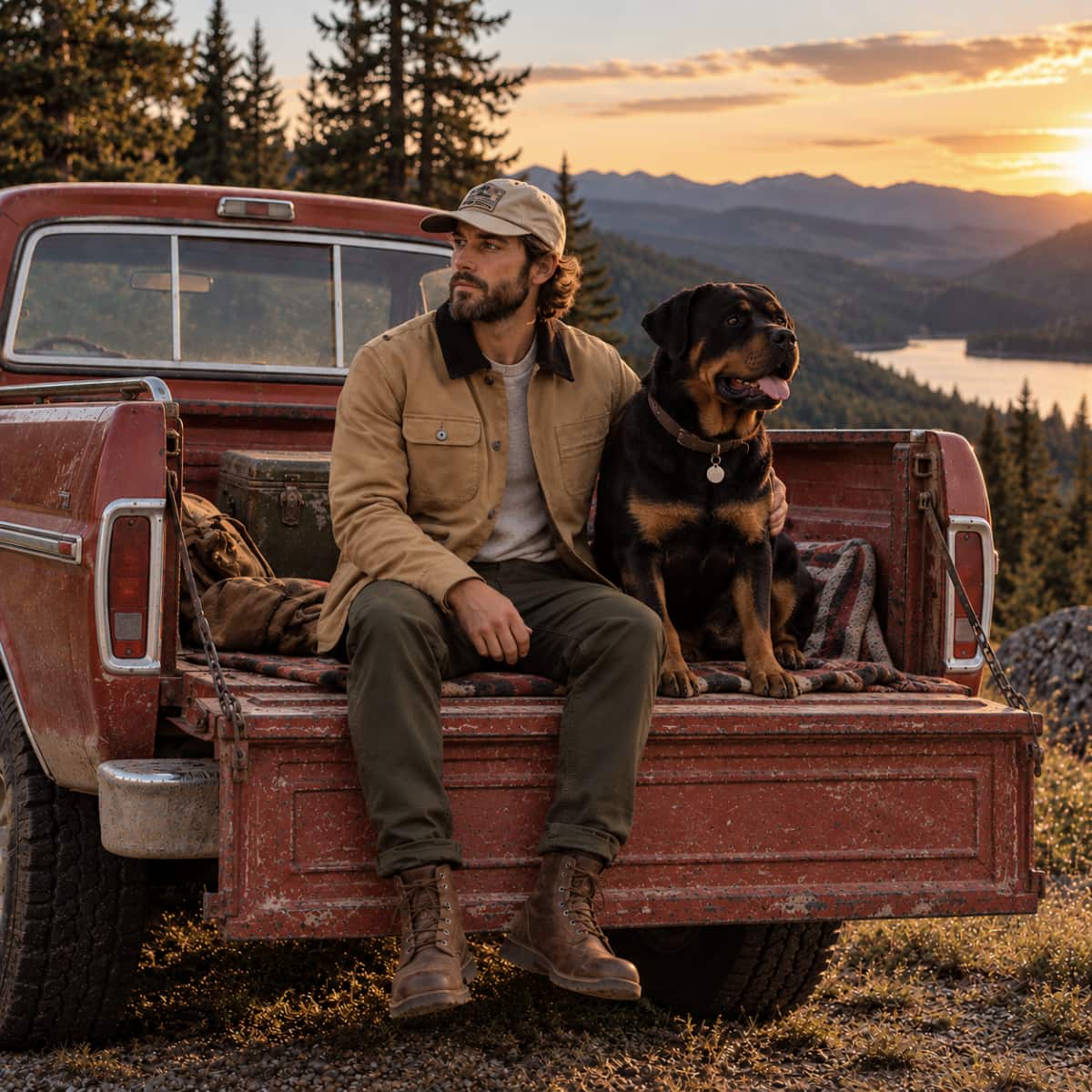 A man wearing a Remington jacket, olive pants, and a cap sits in the bed of a red pickup truck next to a black and tan dog, with a mountain lake landscape at sunset in the background.