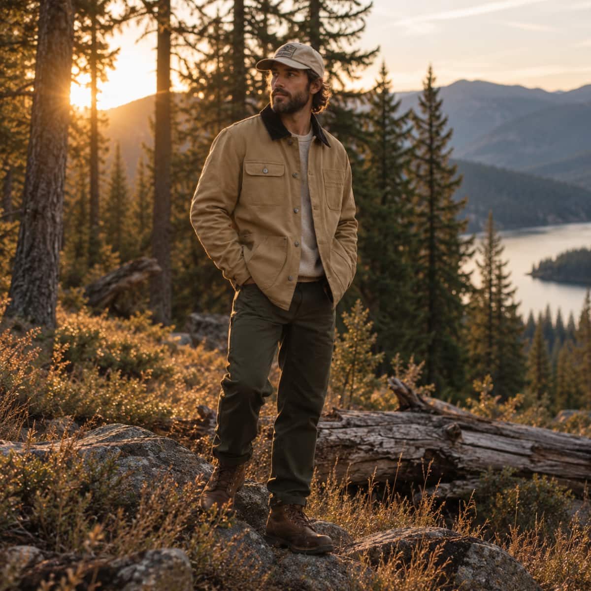 A man stands outdoors on a rocky hillside at sunset, wearing a Remington Field Jacket, olive green pants, brown boots, and a beige cap, with a forest and lake in the background.