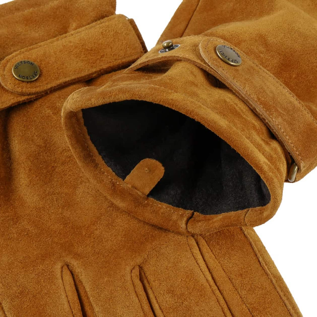 Close-up of a Stetson Revetal Leather Gloves tan suede with a black interior lining and metal snap buttons on a white background.