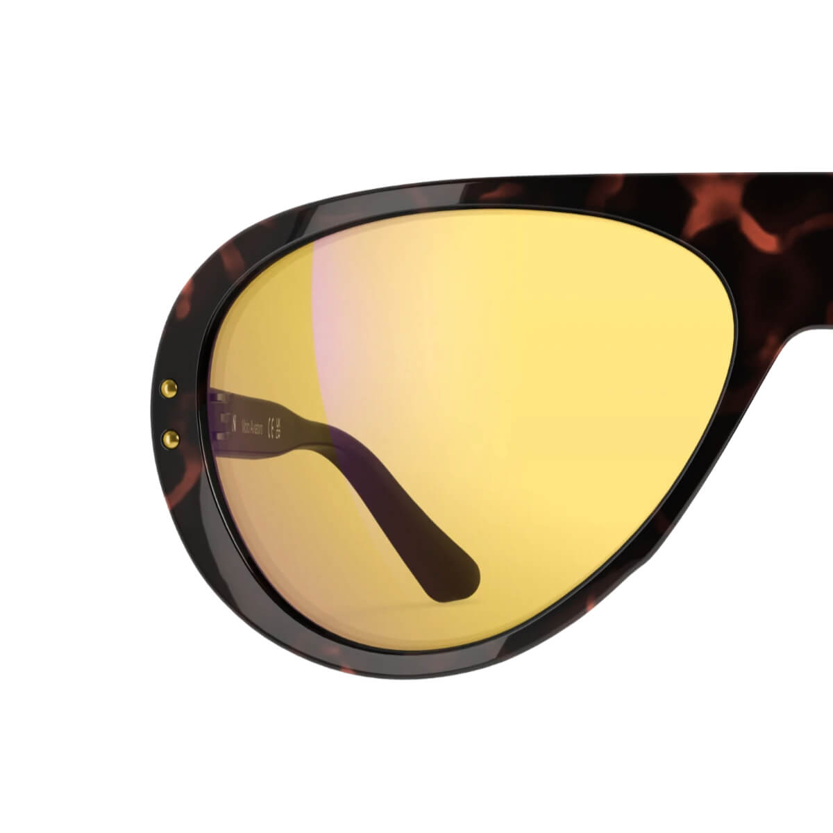 Sunglasses with yellow lens and tortoiseshell frame on a white background
