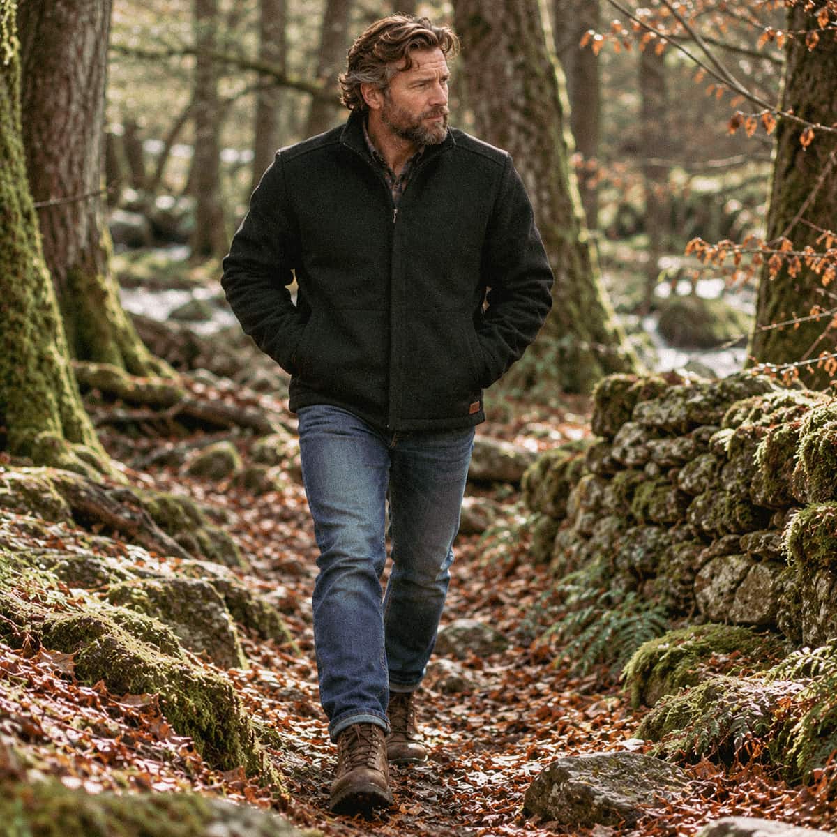 A man walking on a mossy forest path wearing a wool jacket, blue jeans, and brown boots.