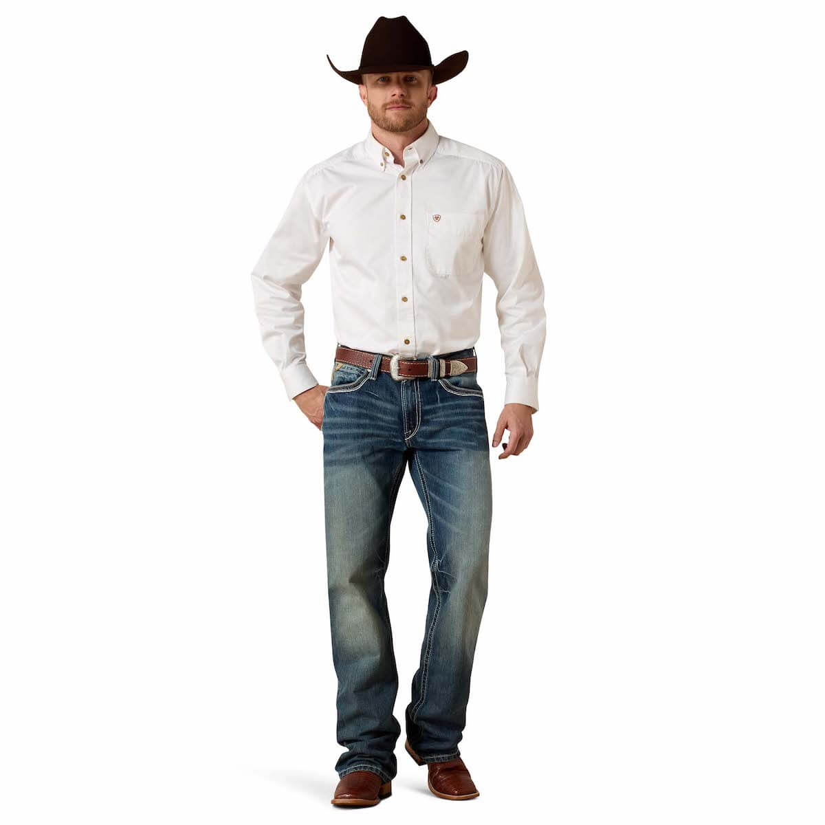 Man wearing a white shirt, blue jeans, and a cowboy hat on a white background