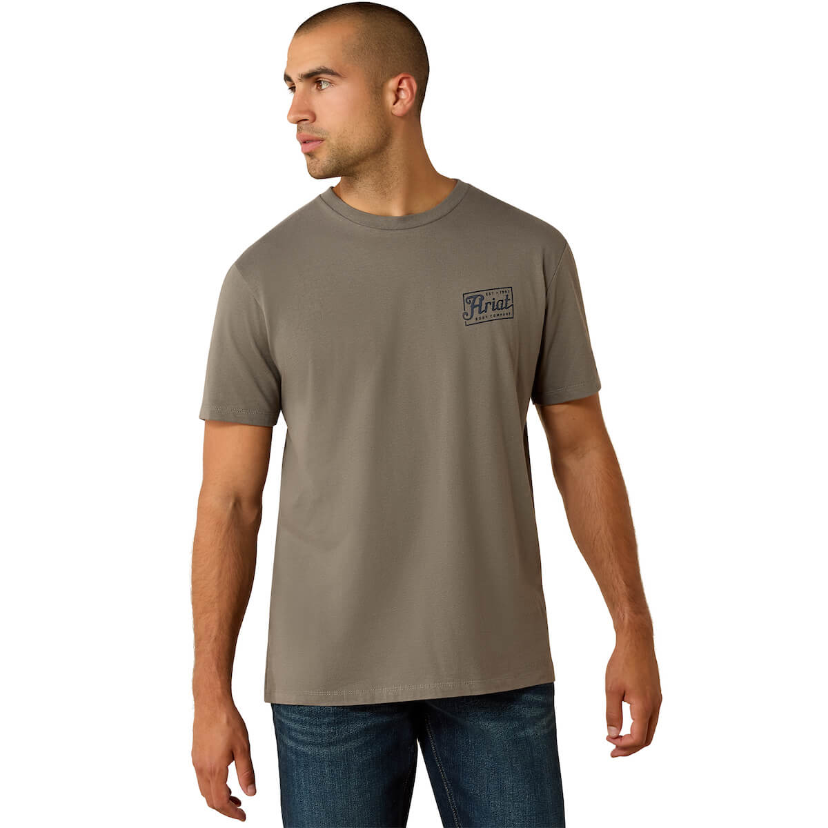 Man wearing a brown t-shirt with a logo on a white background