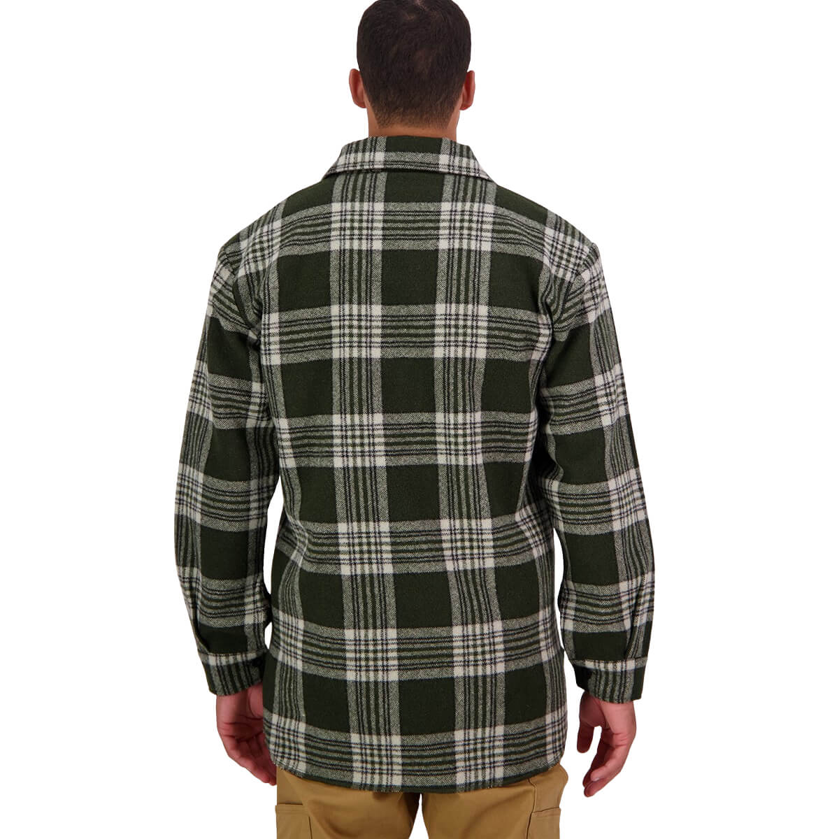 Man wearing a green and white plaid shirt on a white background