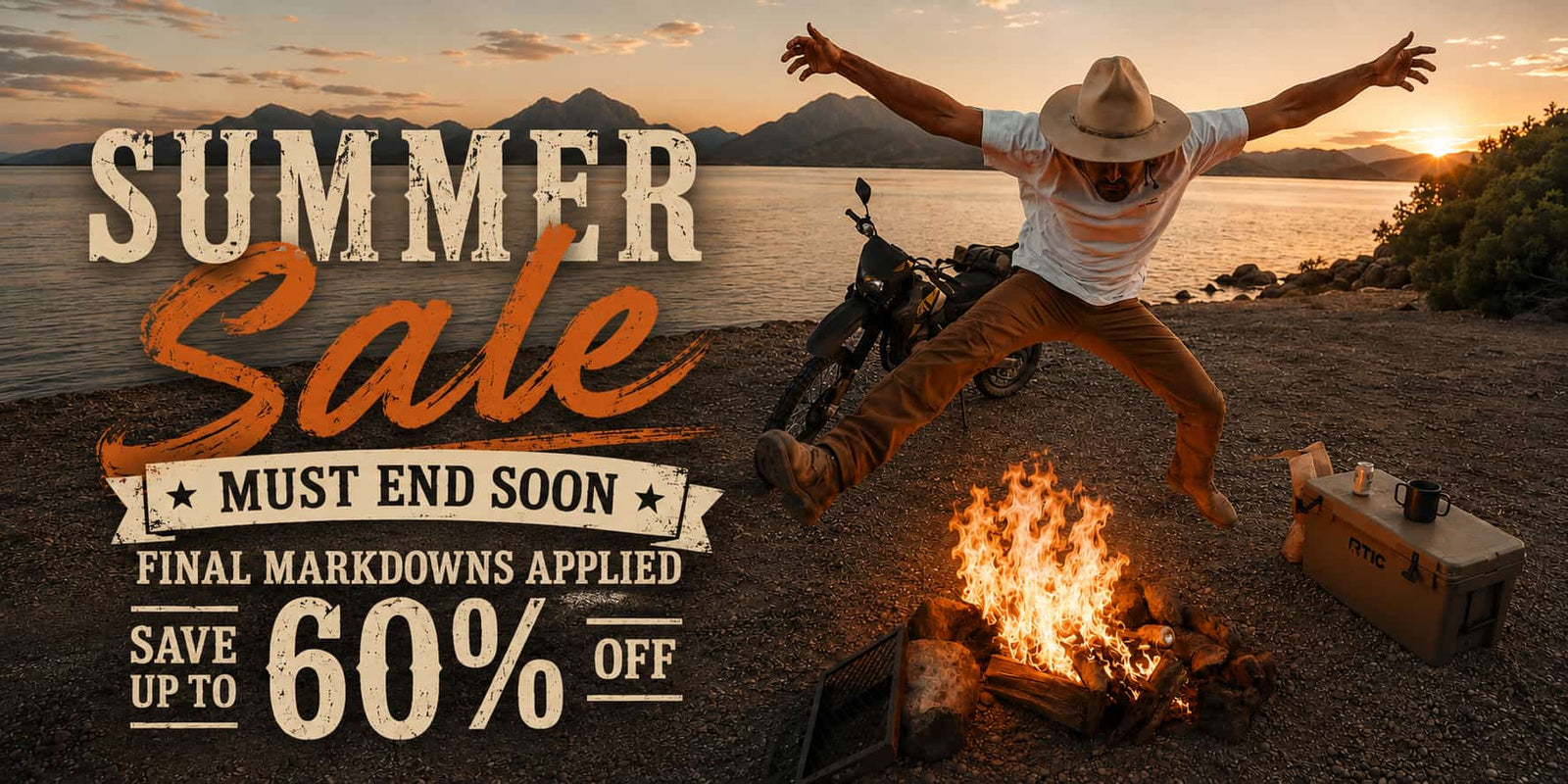 Natural Man  promotional summer sale banner featuring a man jumping over a campfire at sunset by the water, with a motorcycle and cooler nearby. Large text reads 'SUMMER Sale', 'MUST END SOON', and 'SAVE UP TO 60% OFF'.