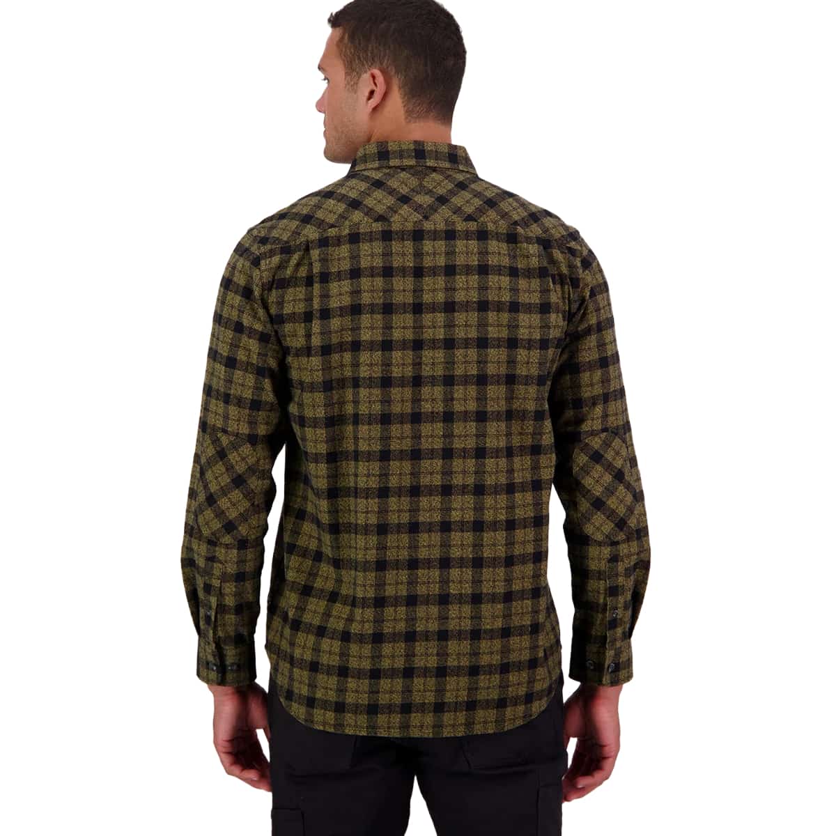 A man viewed from the back wearing a long-sleeve plaid button-up shirt in olive green and black, paired with dark pants, against a plain white background.